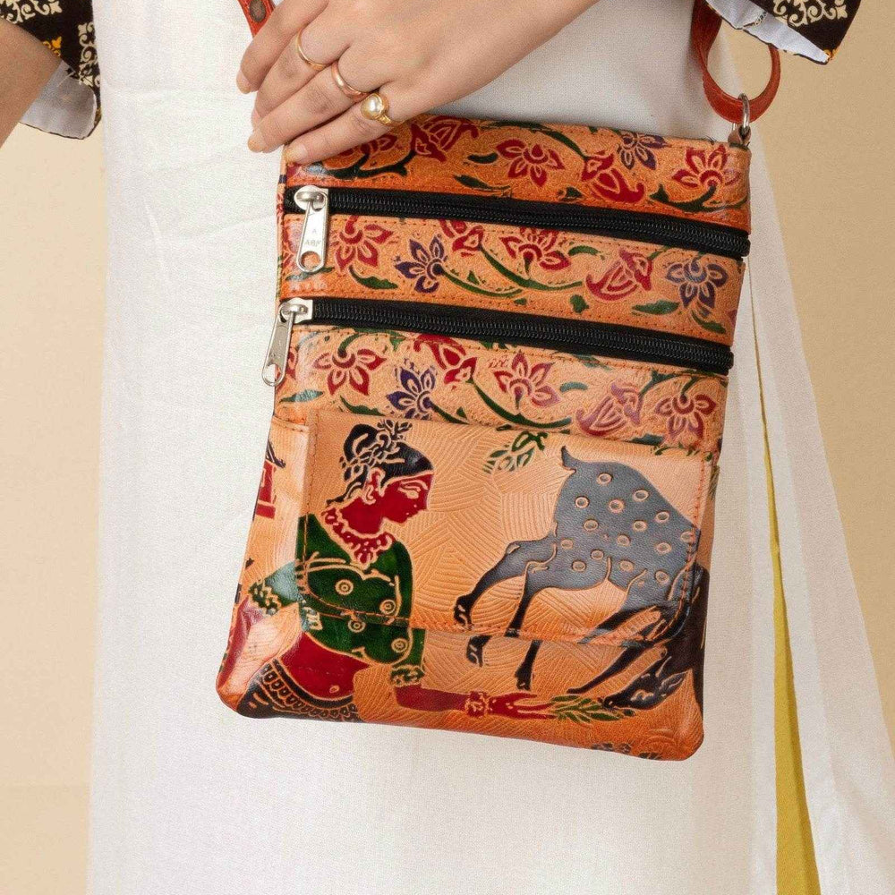 Handcrafted Shantiniketan Brown Leather Printed Crossbody Sling Bag for Women - Lookandadorn.com