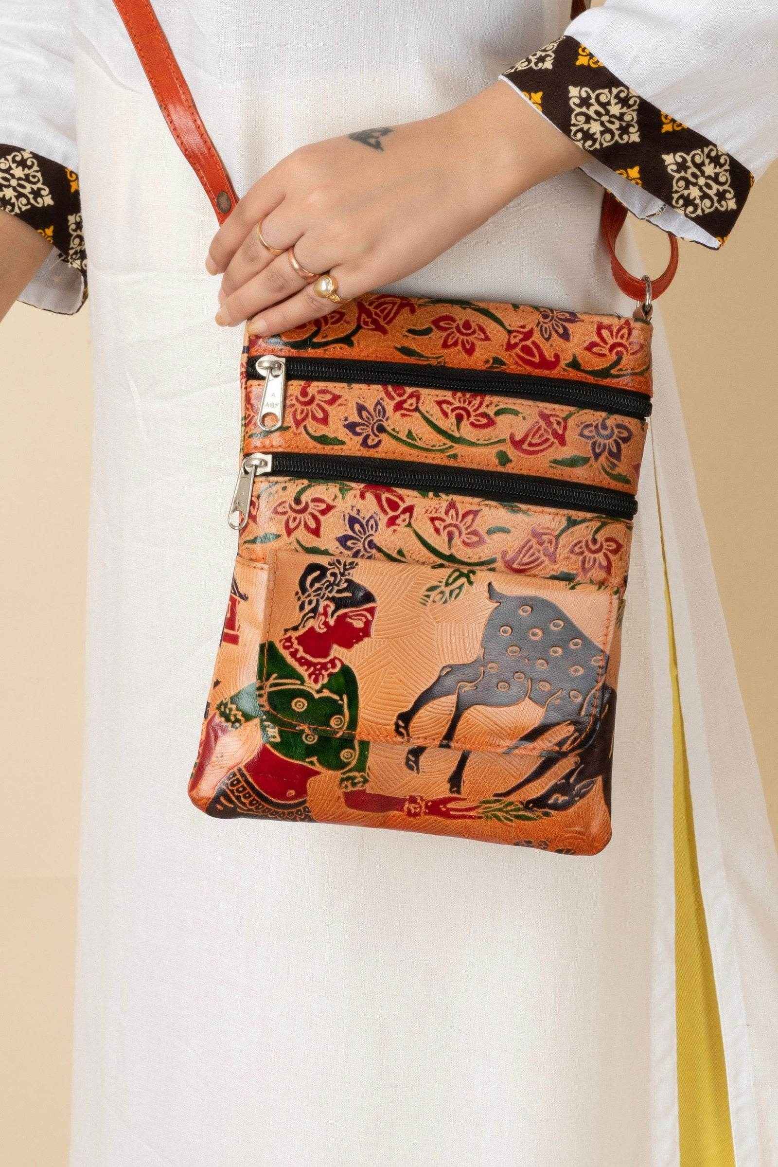 Handcrafted Shantiniketan Brown Leather Printed Crossbody Sling Bag for Women - Lookandadorn.com