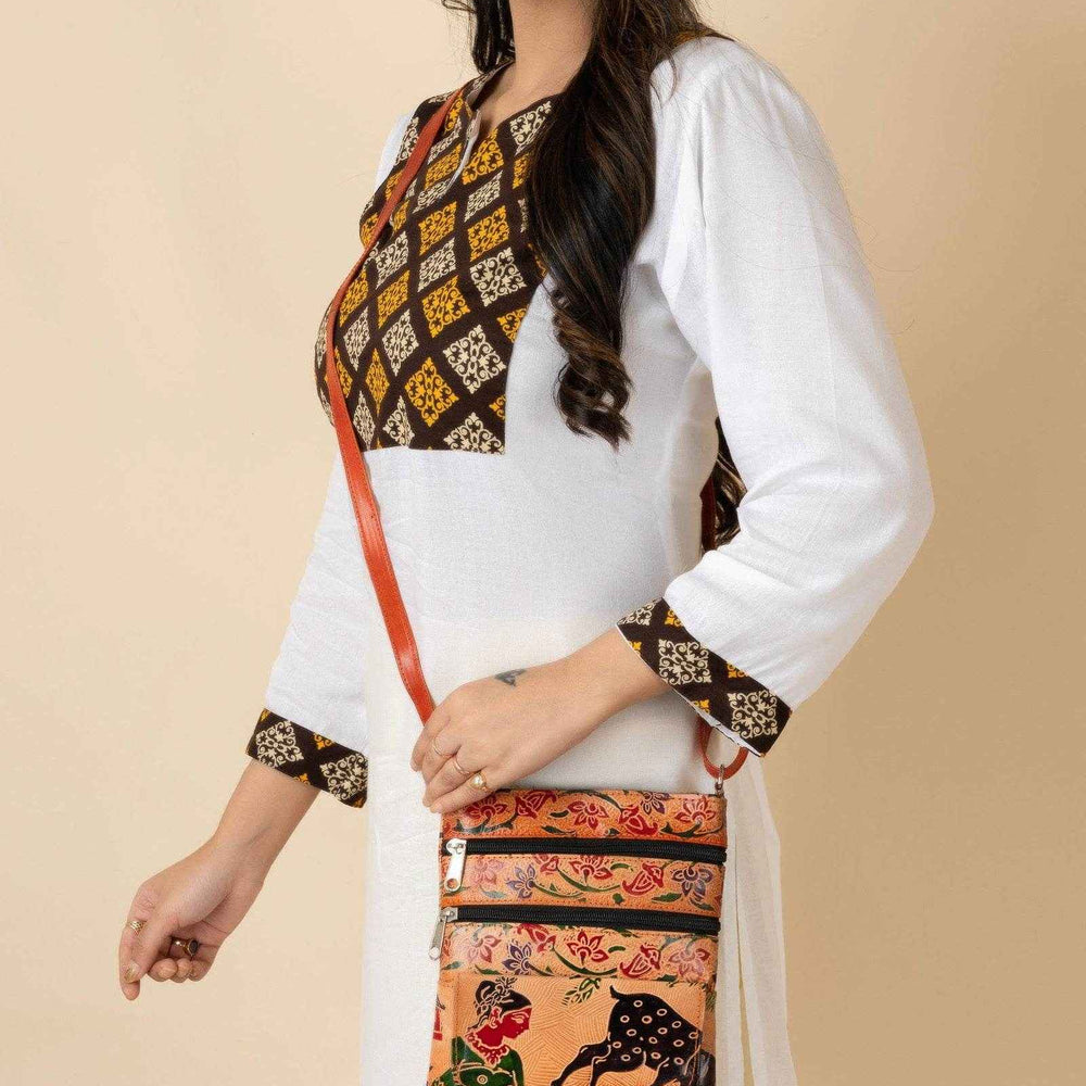Handcrafted Shantiniketan Brown Leather Printed Crossbody Sling Bag for Women - Lookandadorn.com