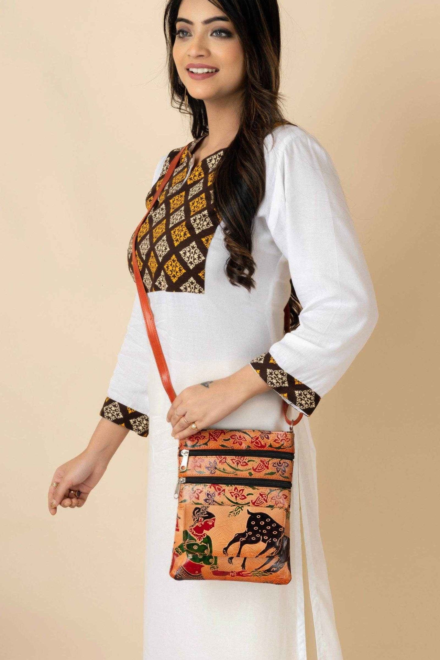 Handcrafted Shantiniketan Brown Leather Printed Crossbody Sling Bag for Women - Lookandadorn.com