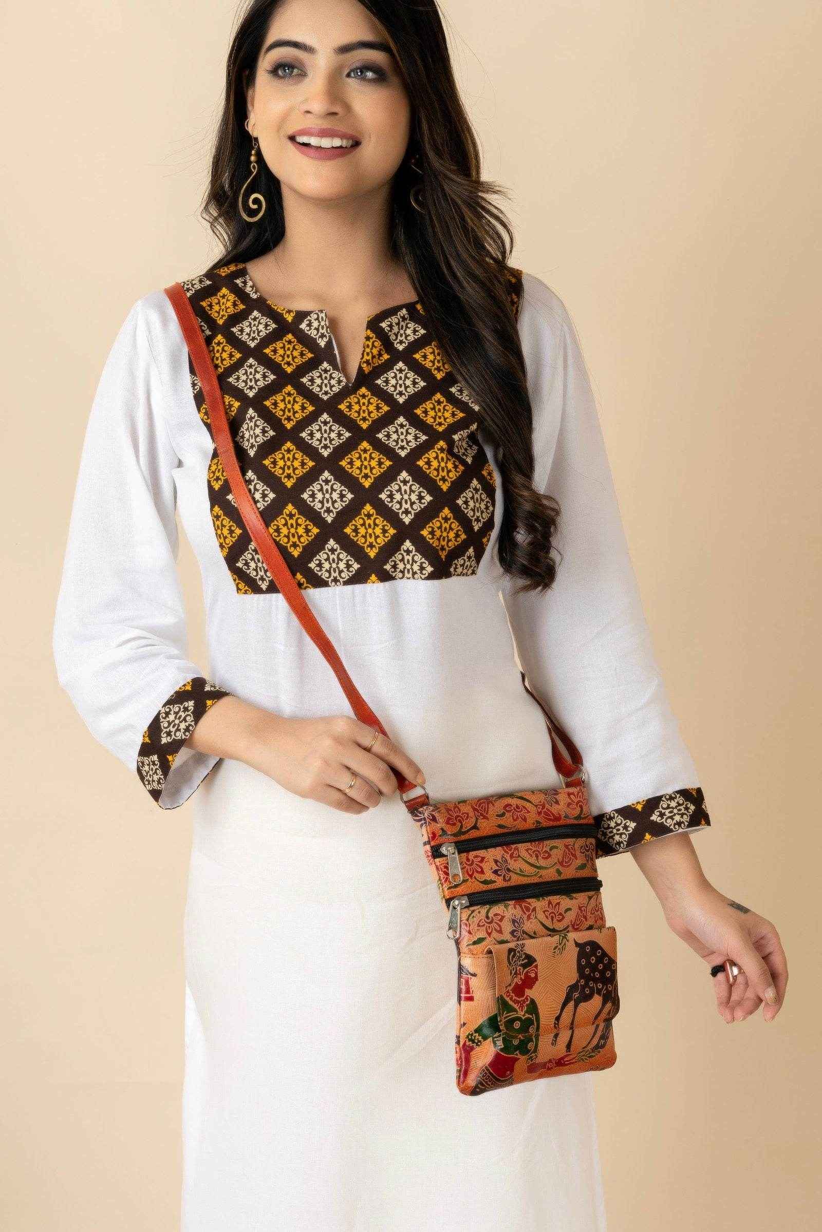 Handcrafted Shantiniketan Brown Leather Printed Crossbody Sling Bag for Women - Lookandadorn.com