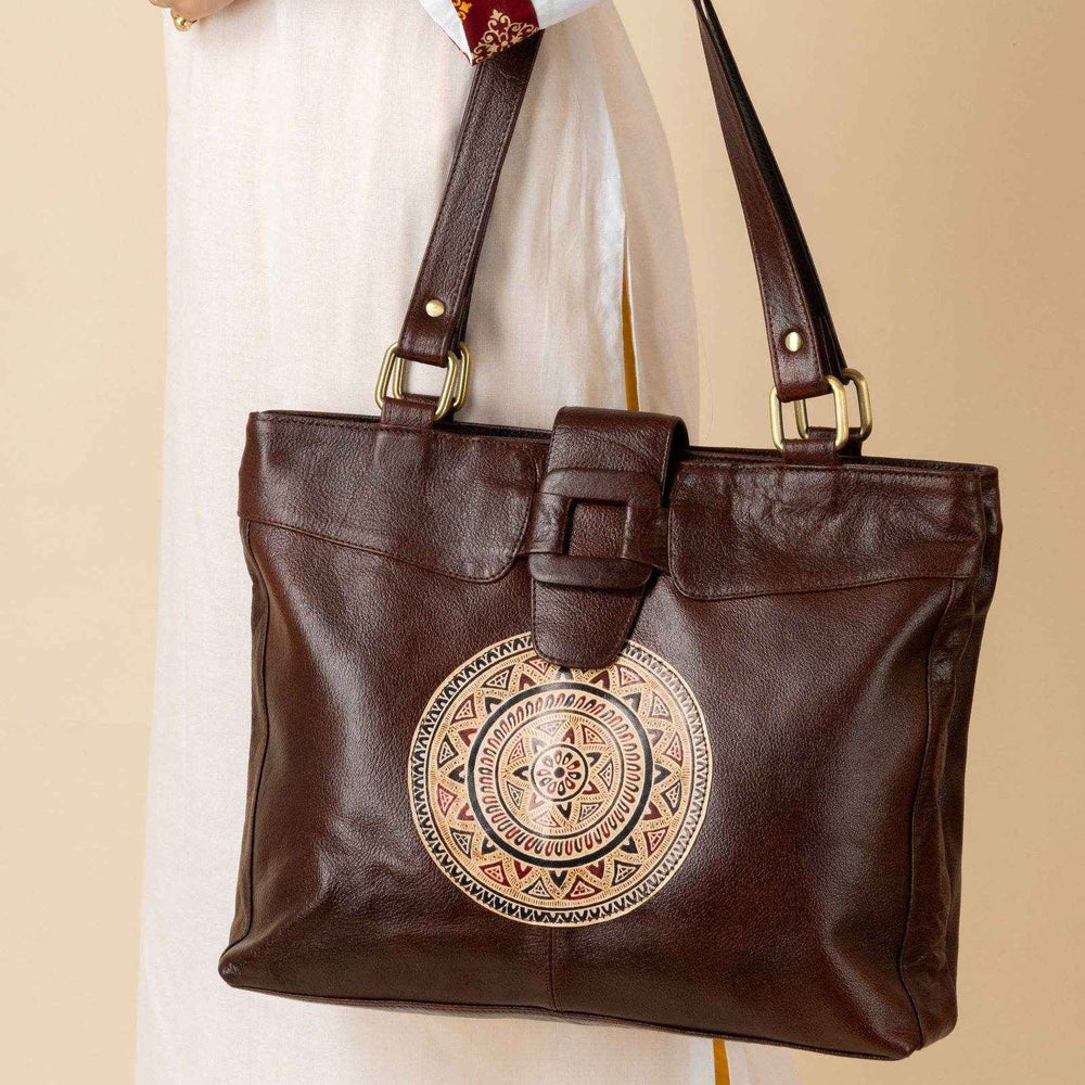 Shantiniketan Leather Handbag with Traditional Motif, 4 Spacious Compartments, Brown, 14x14 Inches - Lookandadorn.com
