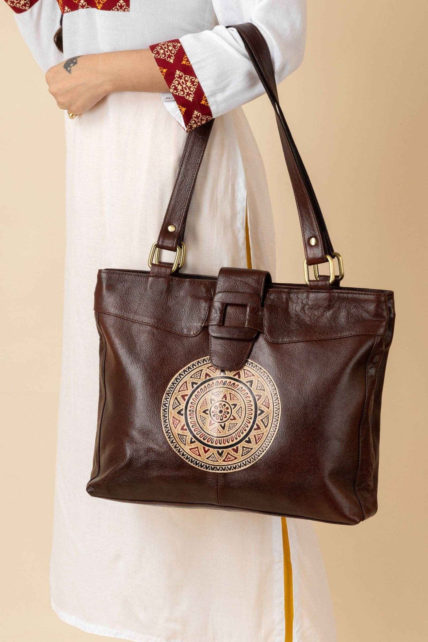 Shantiniketan Leather Handbag with Traditional Motif, 4 Spacious Compartments, Brown, 14x14 Inches - Lookandadorn.com