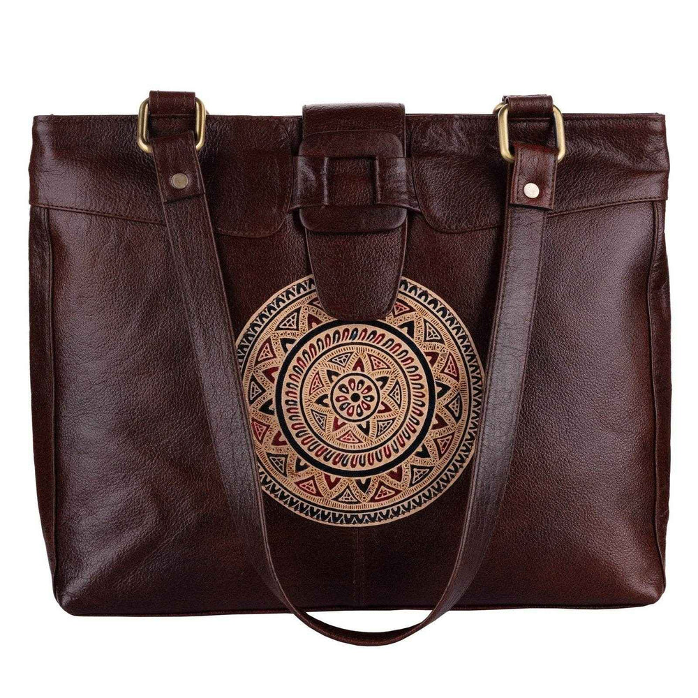 Shantiniketan Leather Handbag with Traditional Motif, 4 Spacious Compartments, Brown, 14x14 Inches - Lookandadorn.com
