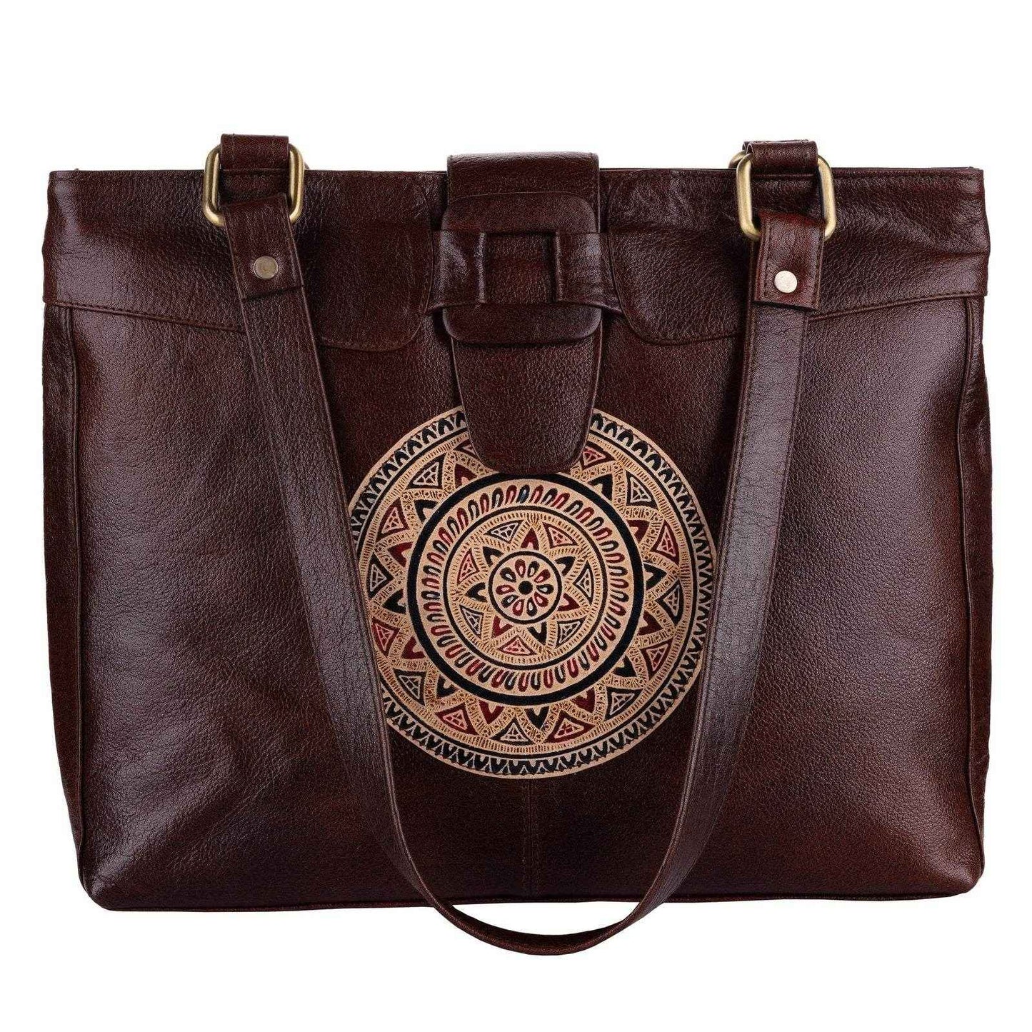 Shantiniketan Leather Handbag with Traditional Motif, Spacious Compartments, Brown, 14x14 Inches