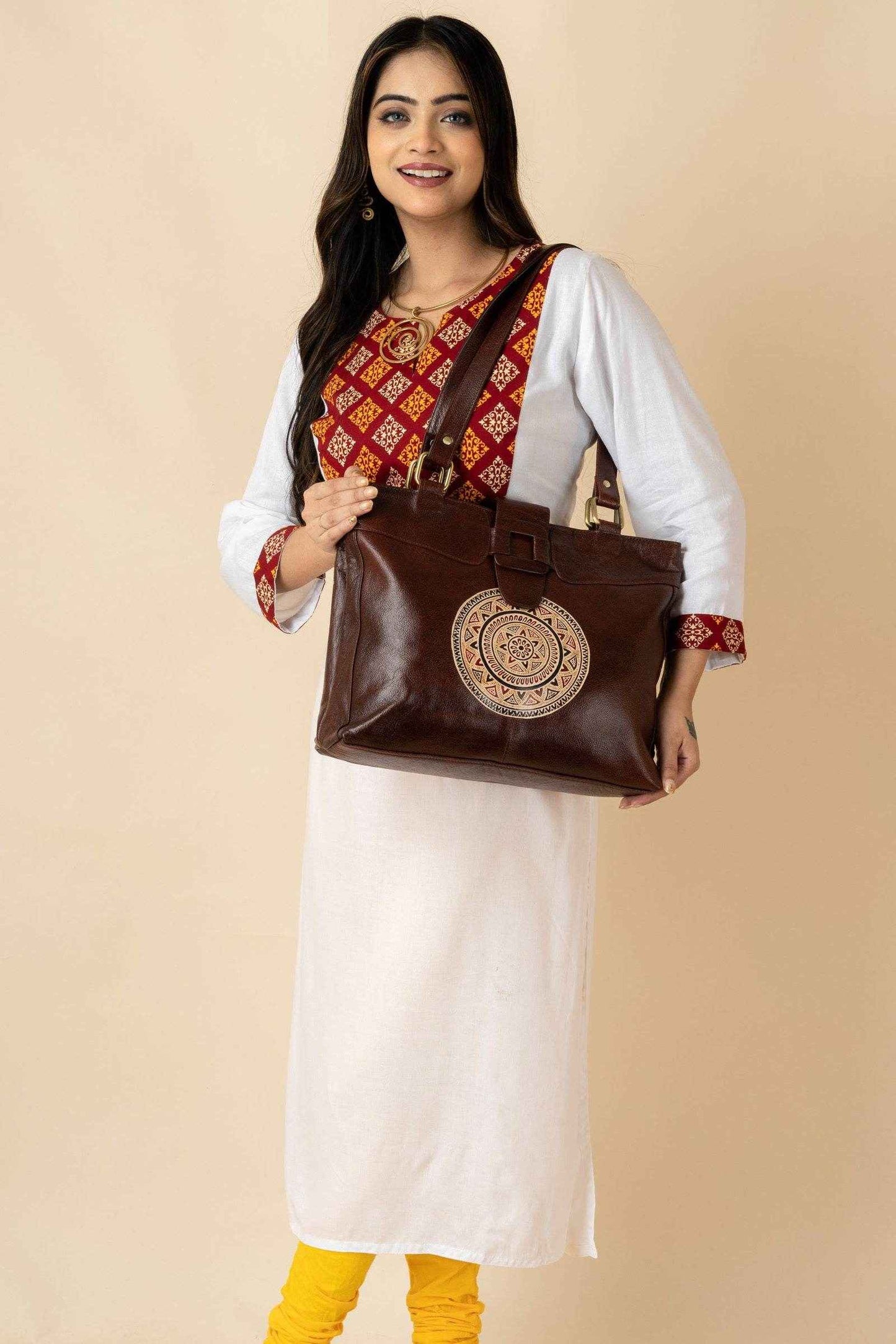 Shantiniketan Leather Handbag with Traditional Motif, 4 Spacious Compartments, Brown, 14x14 Inches - Lookandadorn.com