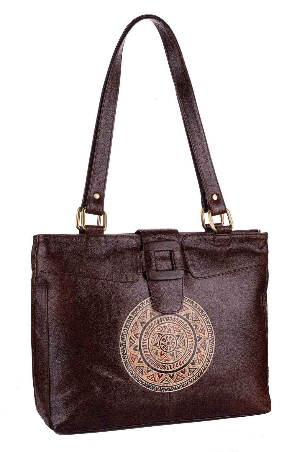Shantiniketan Leather Handbag with Traditional Motif, 4 Spacious Compartments, Brown, 14x14 Inches - Lookandadorn.com