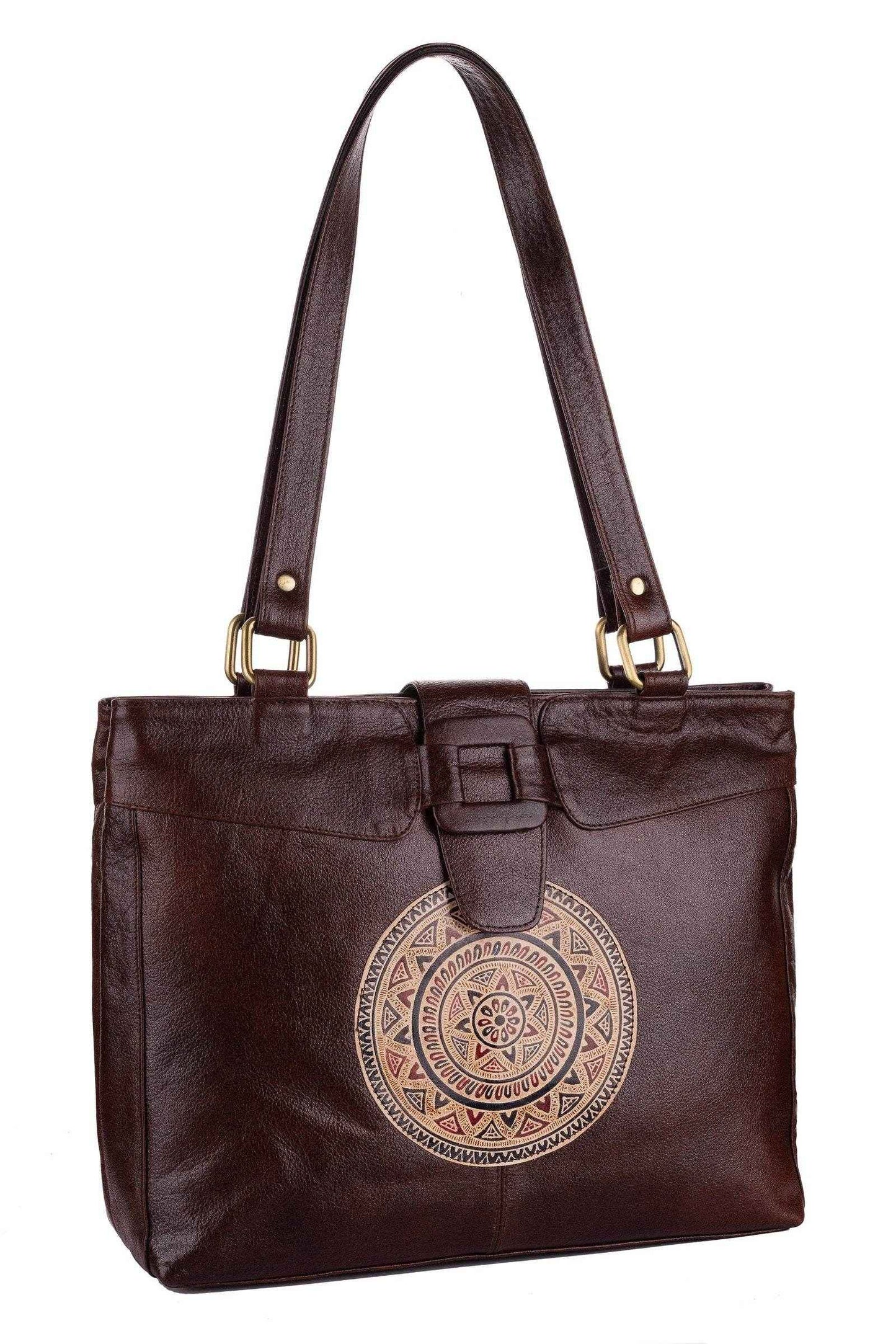 Shantiniketan Leather Handbag with Traditional Motif, 4 Spacious Compartments, Brown, 14x14 Inches - Lookandadorn.com