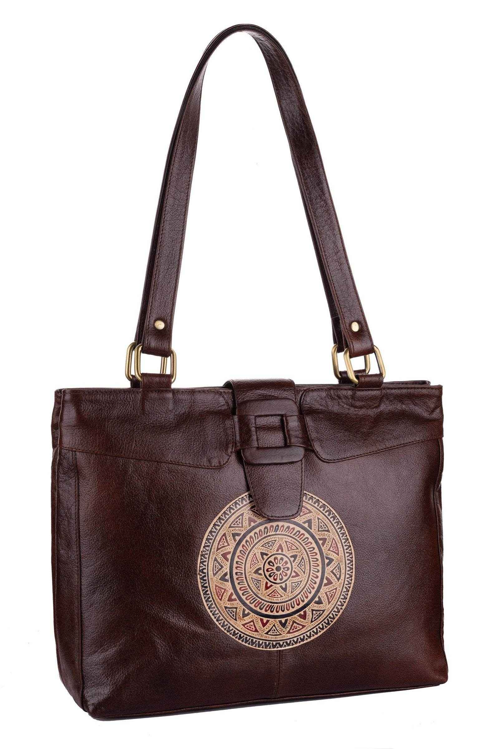 Shantiniketan Leather Handbag with Traditional Motif, 4 Spacious Compartments, Brown, 14x14 Inches - Lookandadorn.com