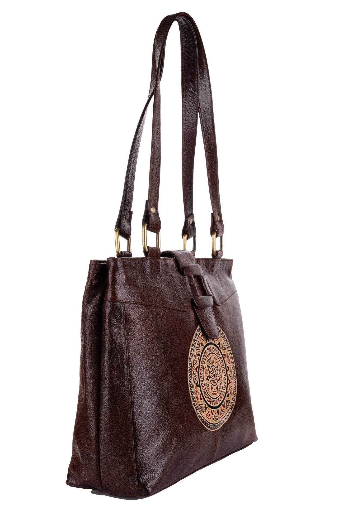 Shantiniketan Leather Handbag with Traditional Motif, 4 Spacious Compartments, Brown, 14x14 Inches - Lookandadorn.com