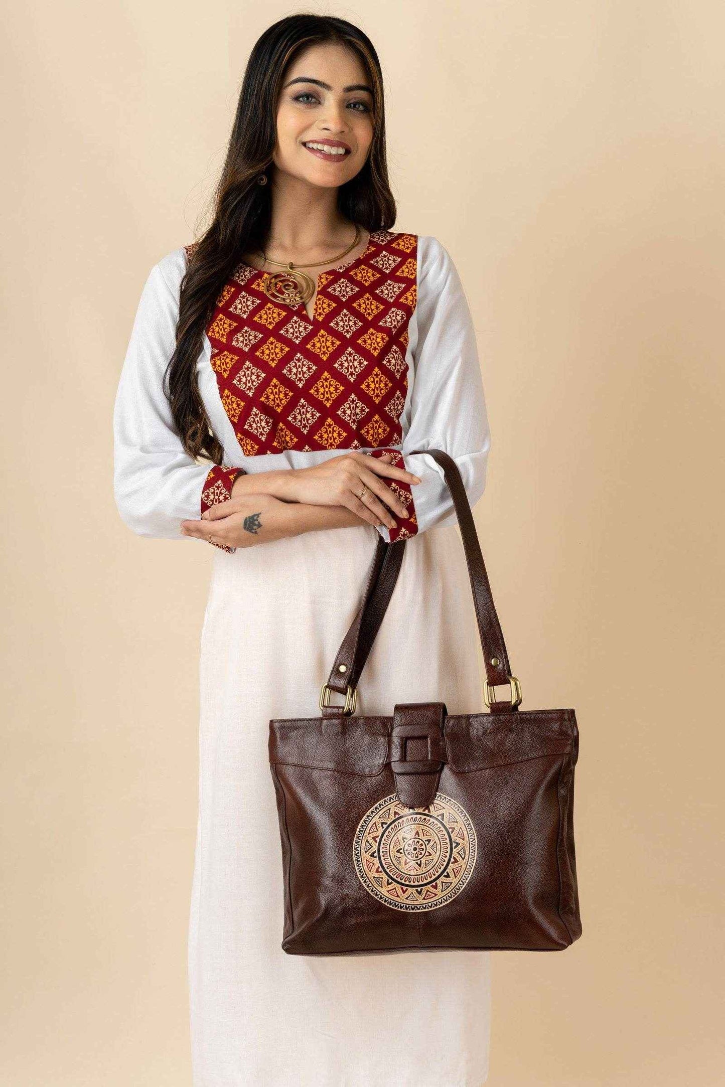 Shantiniketan Leather Handbag with Traditional Motif, 4 Spacious Compartments, Brown, 14x14 Inches - Lookandadorn.com