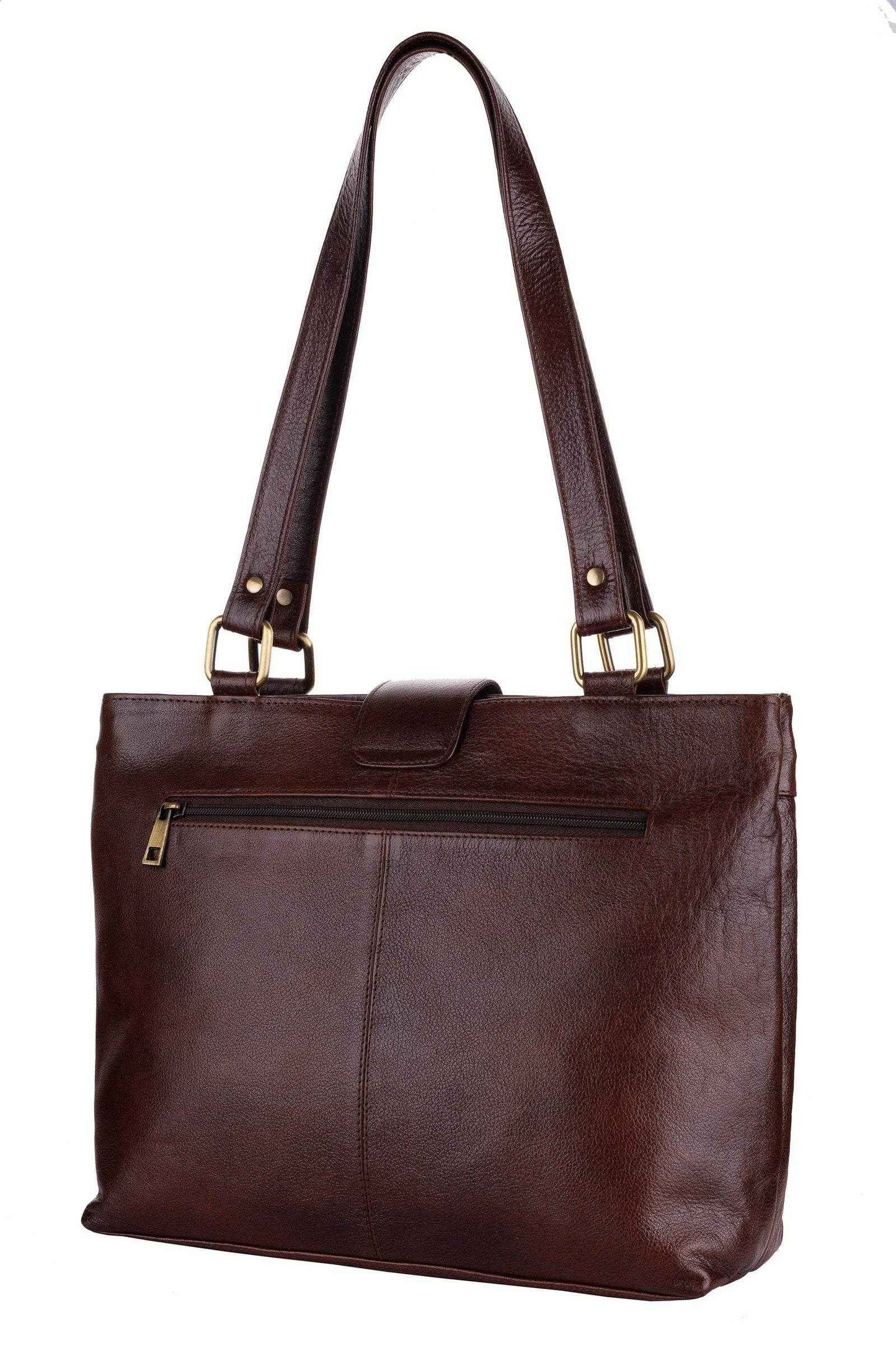 Shantiniketan Leather Handbag with Traditional Motif, 4 Spacious Compartments, Brown, 14x14 Inches - Lookandadorn.com