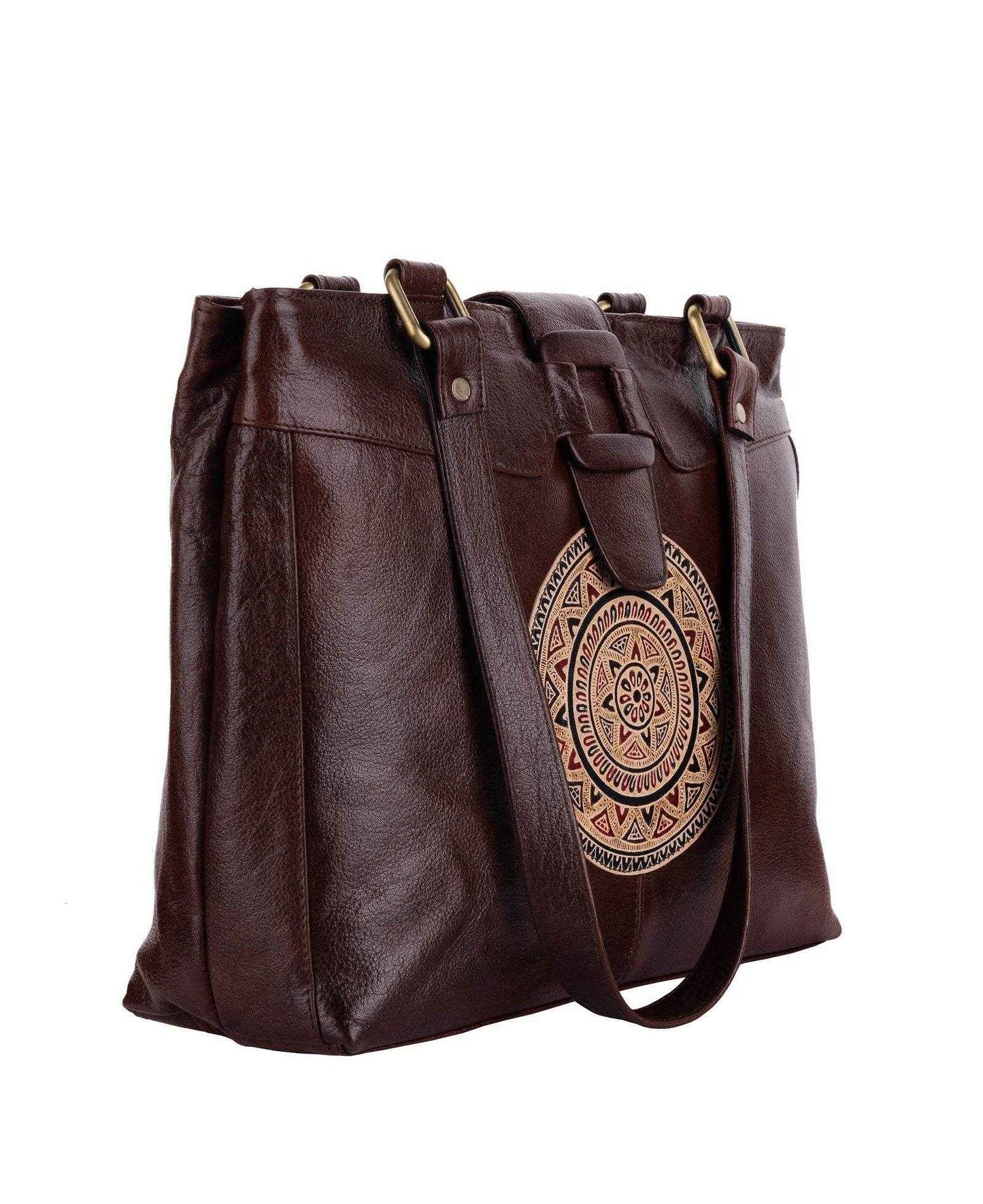 Shantiniketan Leather Handbag with Traditional Motif, 4 Spacious Compartments, Brown, 14x14 Inches - Lookandadorn.com