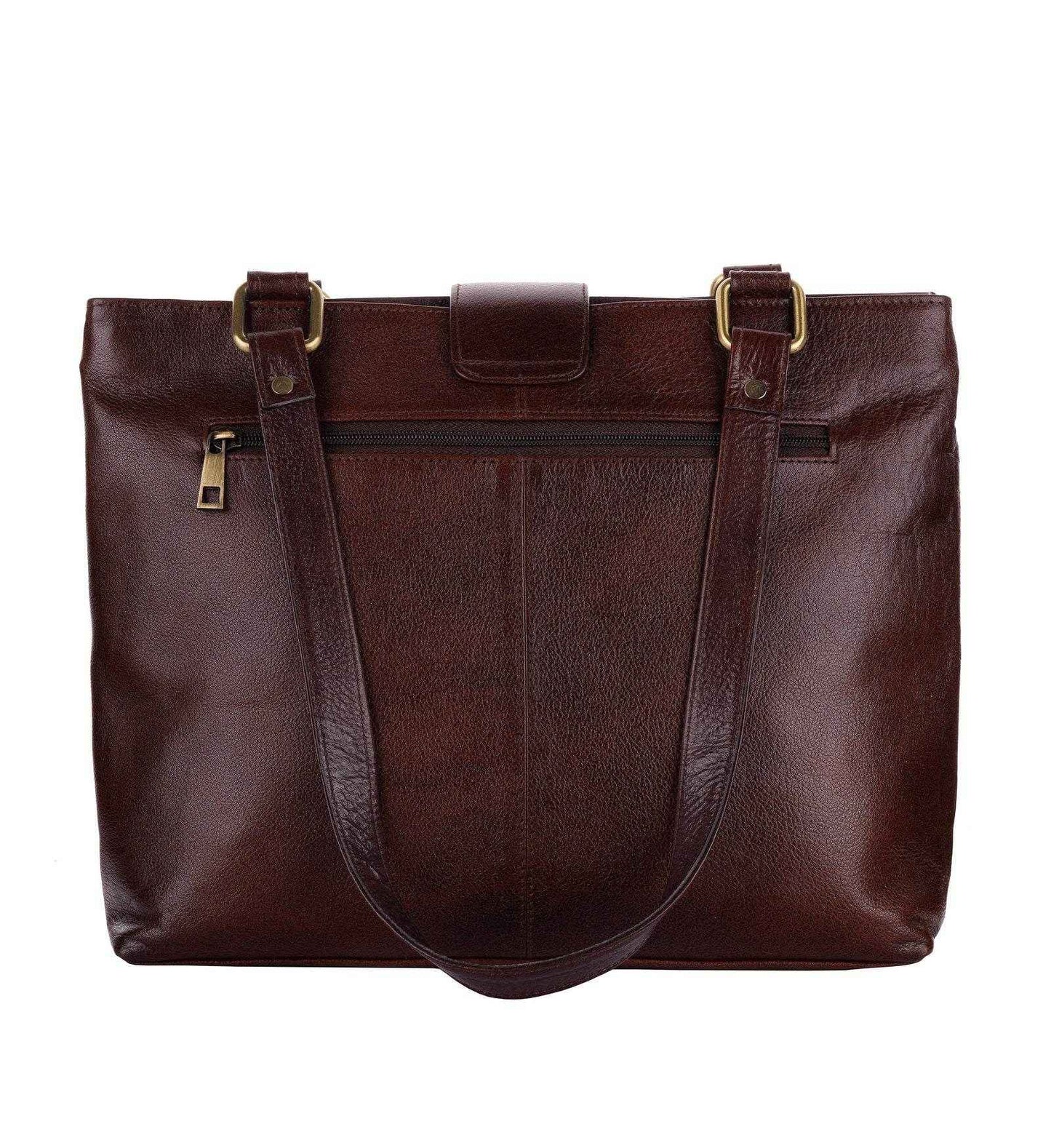 Shantiniketan Leather Handbag with Traditional Motif, 4 Spacious Compartments, Brown, 14x14 Inches - Lookandadorn.com