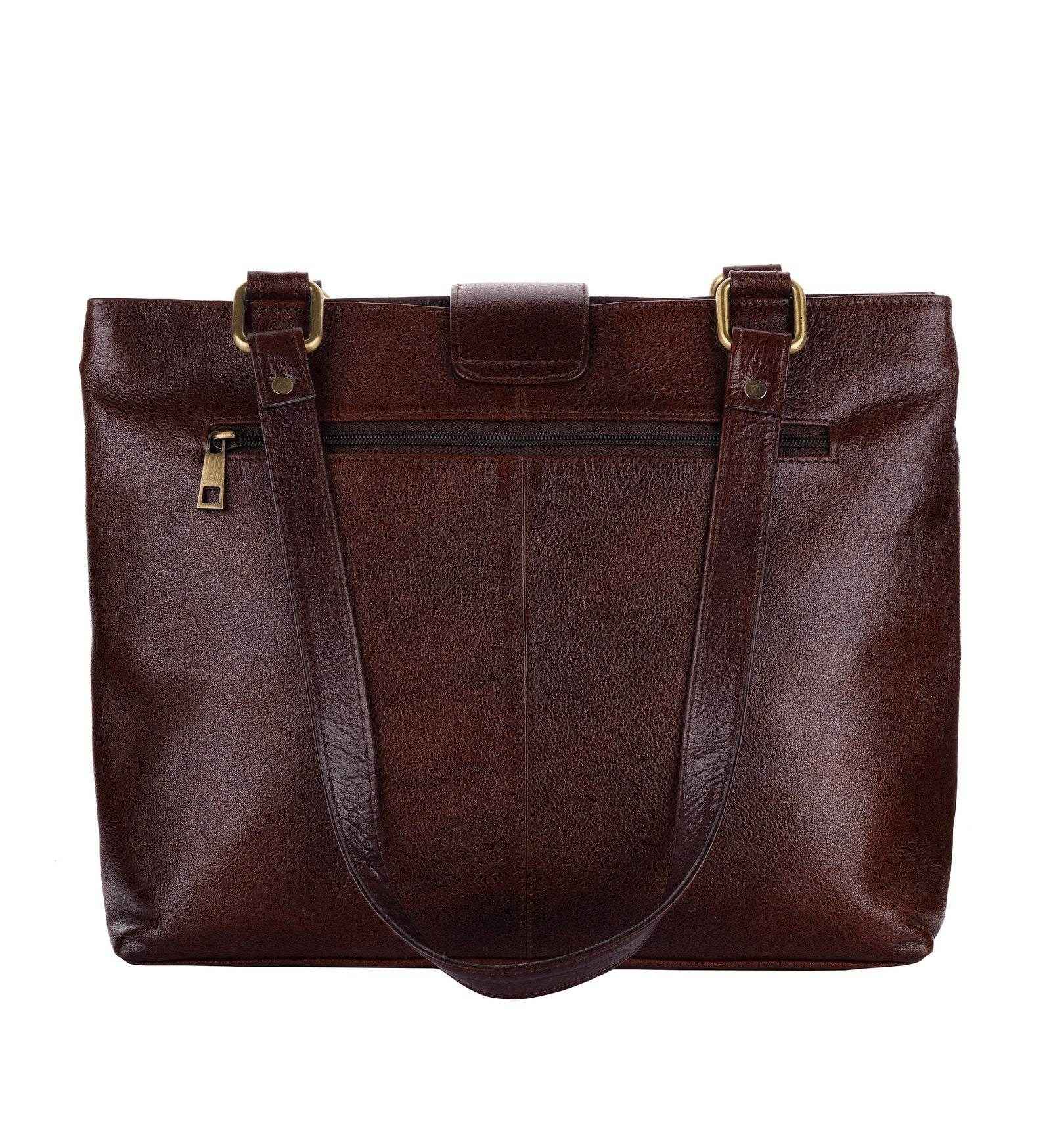 Shantiniketan Leather Handbag with Traditional Motif, 4 Spacious Compartments, Brown, 14x14 Inches - Lookandadorn.com