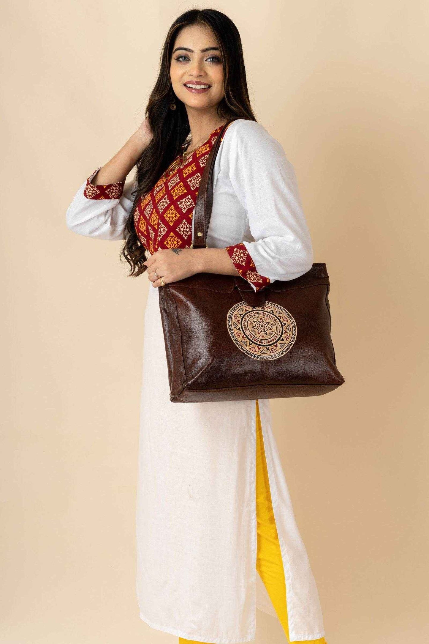 Shantiniketan Leather Handbag with Traditional Motif, 4 Spacious Compartments, Brown, 14x14 Inches - Lookandadorn.com