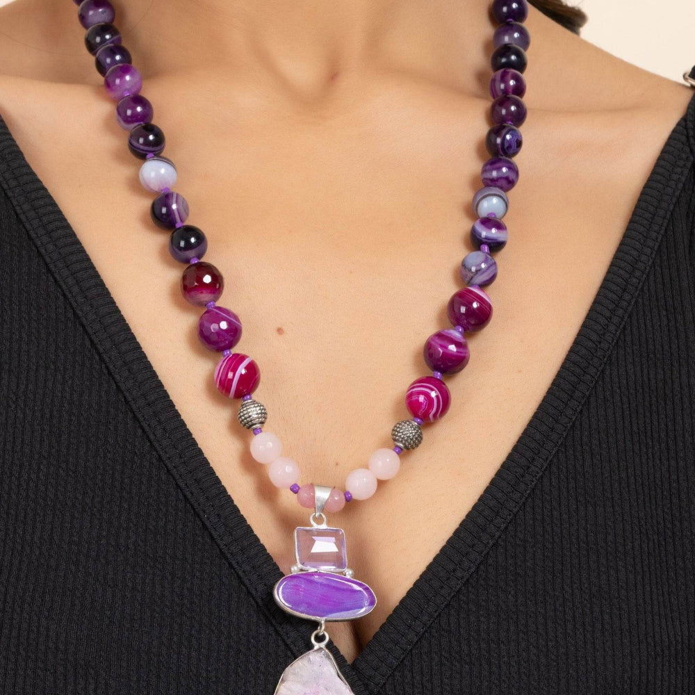 Handmade Purple Pink Agate Onyx Stone Necklace and Earring Jewelry Set for Women and Girls - Lookandadorn.com