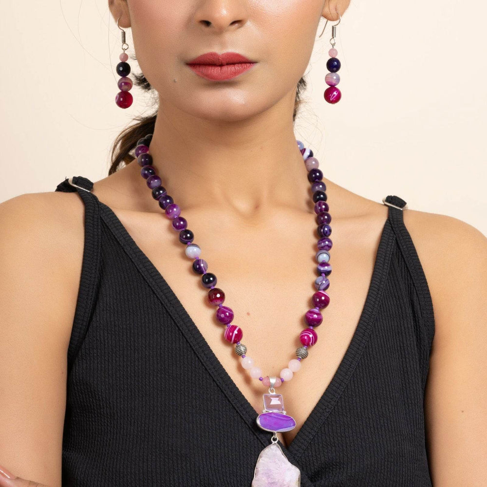 Handmade Purple Pink Agate Onyx Stone Necklace and Earring Jewelry Set for Women and Girls - Lookandadorn.com