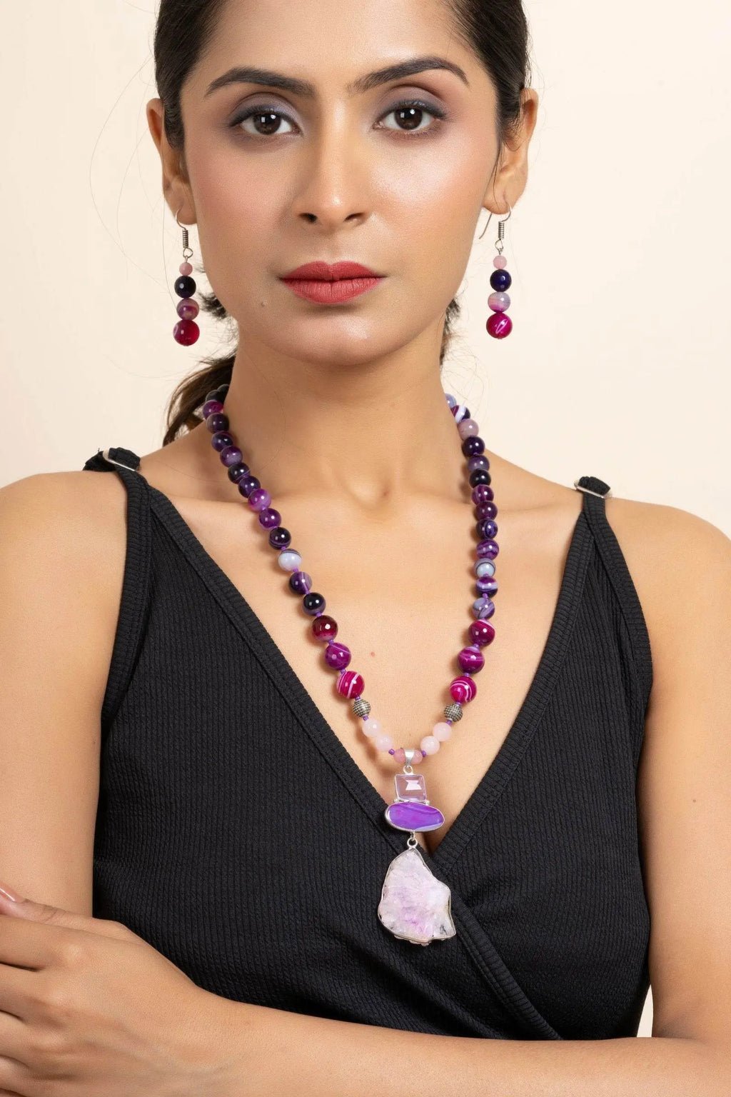 Handmade Purple Pink Agate Onyx Stone Necklace and Earring Jewelry Set for Women and Girls - Lookandadorn.com