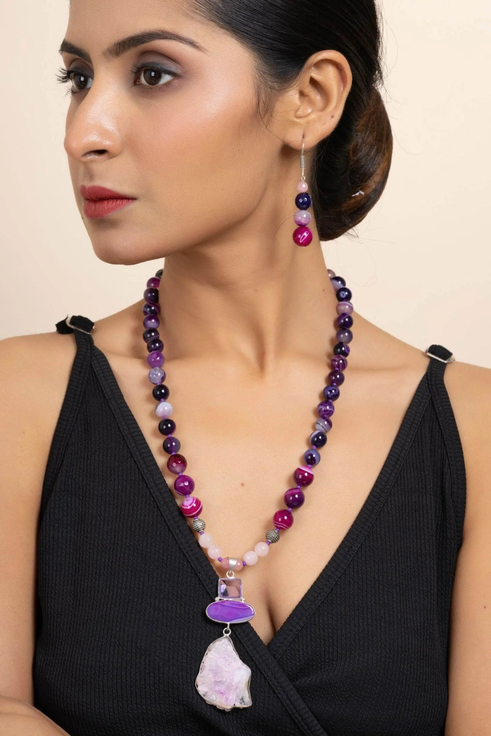 Handmade Purple Pink Agate Onyx Stone Necklace and Earring Jewelry Set for Women and Girls - Lookandadorn.com