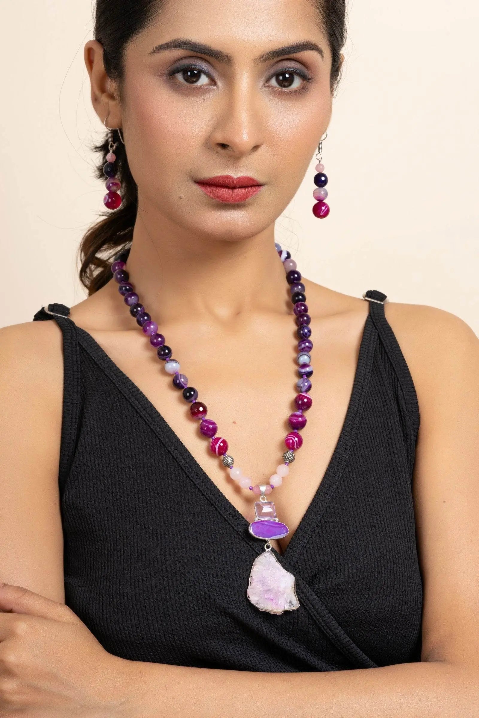 Handmade Purple Pink Agate Onyx Stone Necklace and Earring Jewelry Set for Women and Girls - Lookandadorn.com