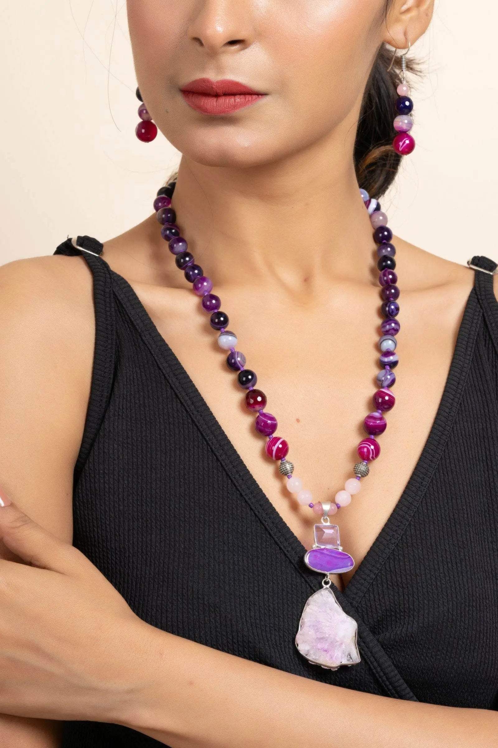 Handmade Purple Pink Agate Onyx Stone Necklace and Earring Jewelry Set for Women and Girls - Lookandadorn.com