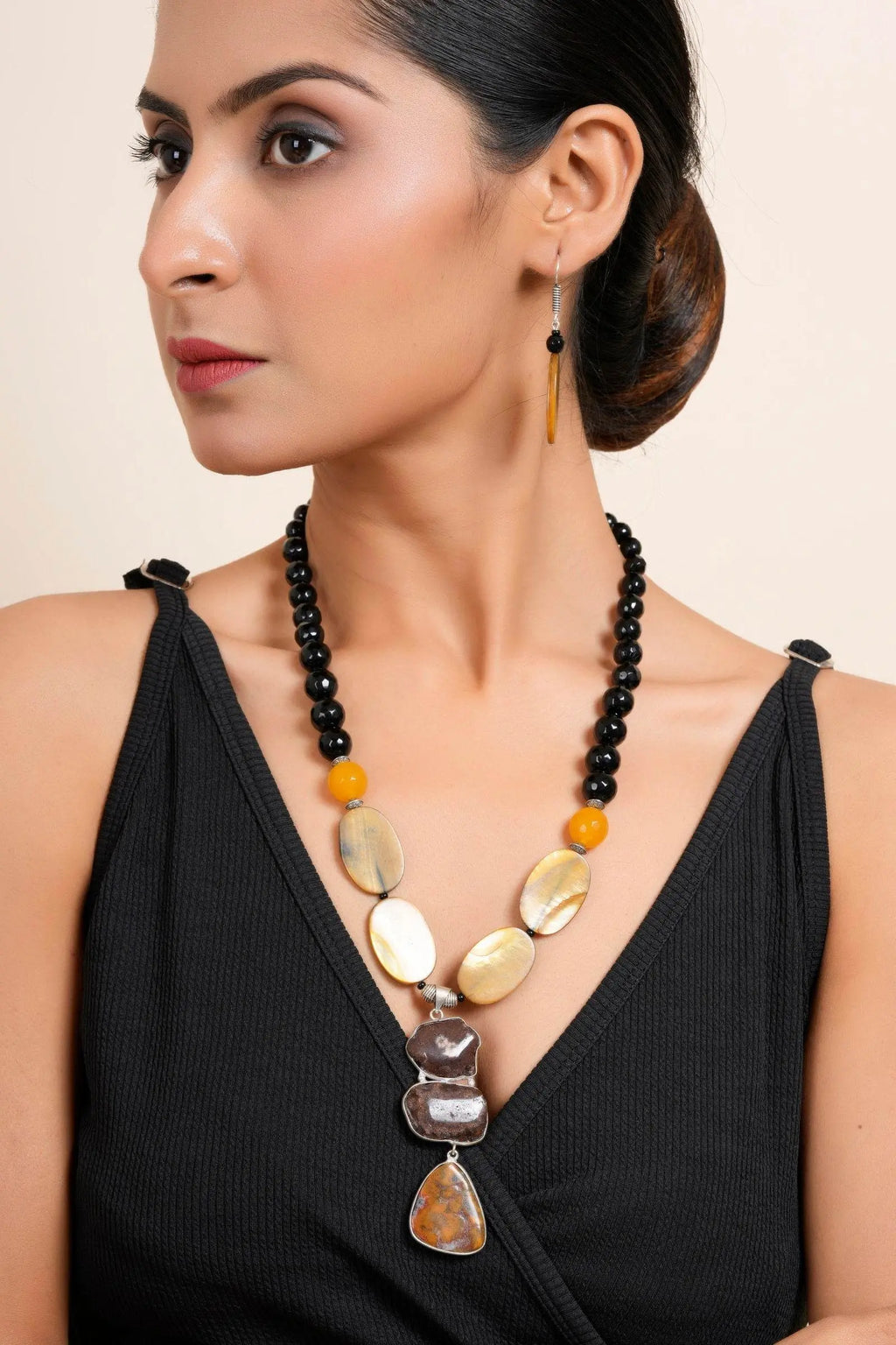 Handmade Semi Precious Brown Black Agate Stone Yellow MOP Necklace With Earrings Jewelry Set - Lookandadorn.com