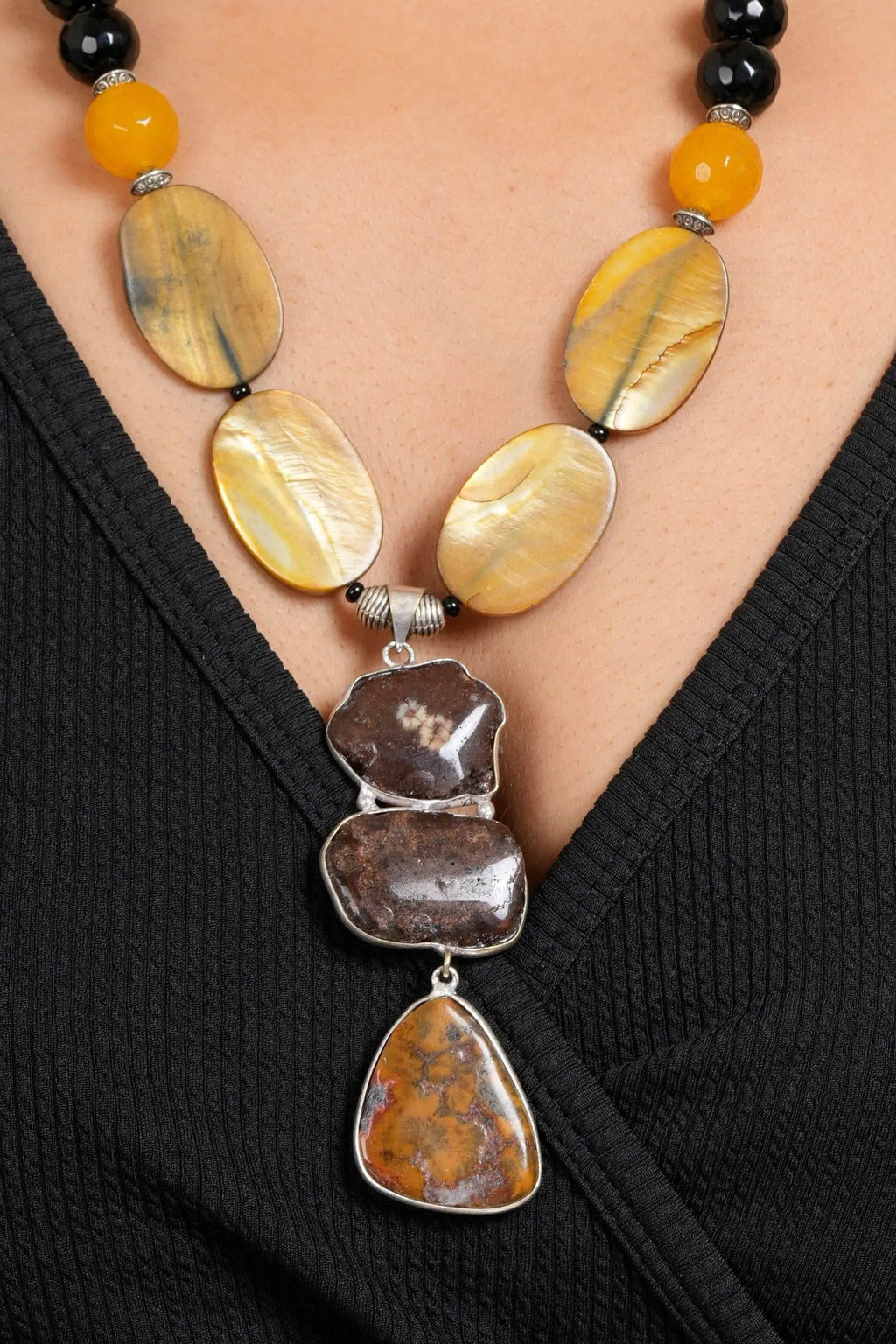Handmade Semi Precious Brown Black Agate Stone Yellow MOP Necklace With Earrings Jewelry Set - Lookandadorn.com
