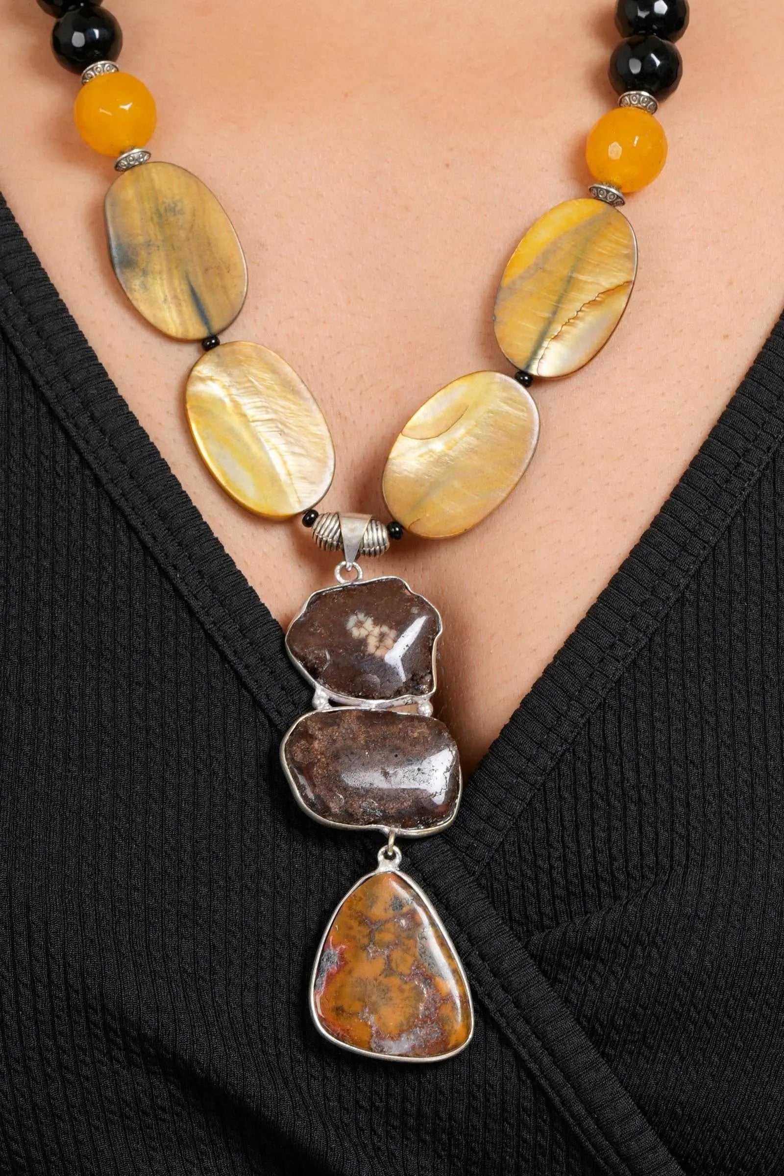 Handmade Semi Precious Brown Black Agate Stone Yellow MOP Necklace With Earrings Jewelry Set - Lookandadorn.com