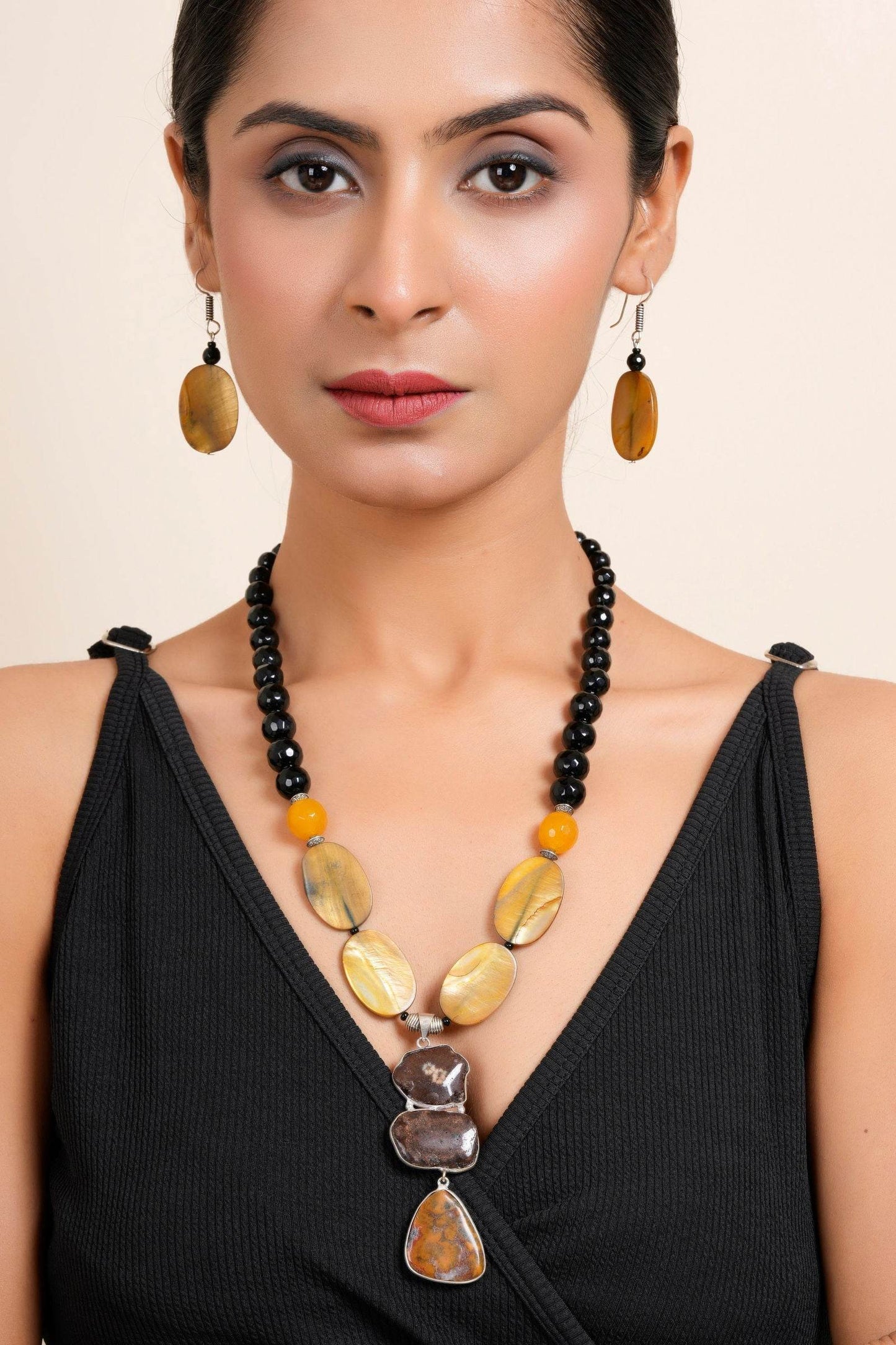 Handmade Semi Precious Brown Black Agate Stone Yellow MOP Necklace With Earrings Jewelry Set - Lookandadorn.com