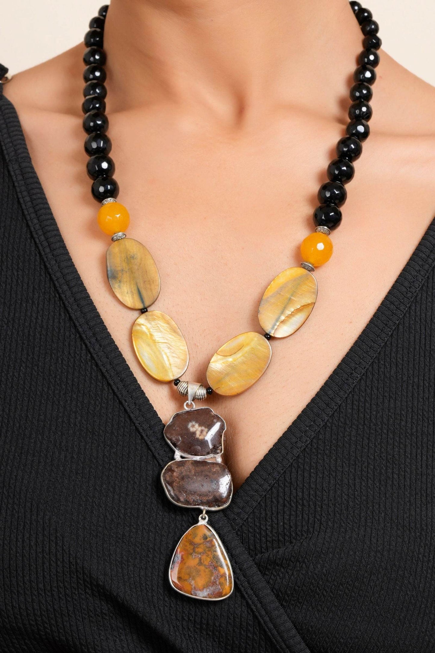 Handmade Semi Precious Brown Black Agate Stone Yellow MOP Necklace With Earrings Jewelry Set - Lookandadorn.com