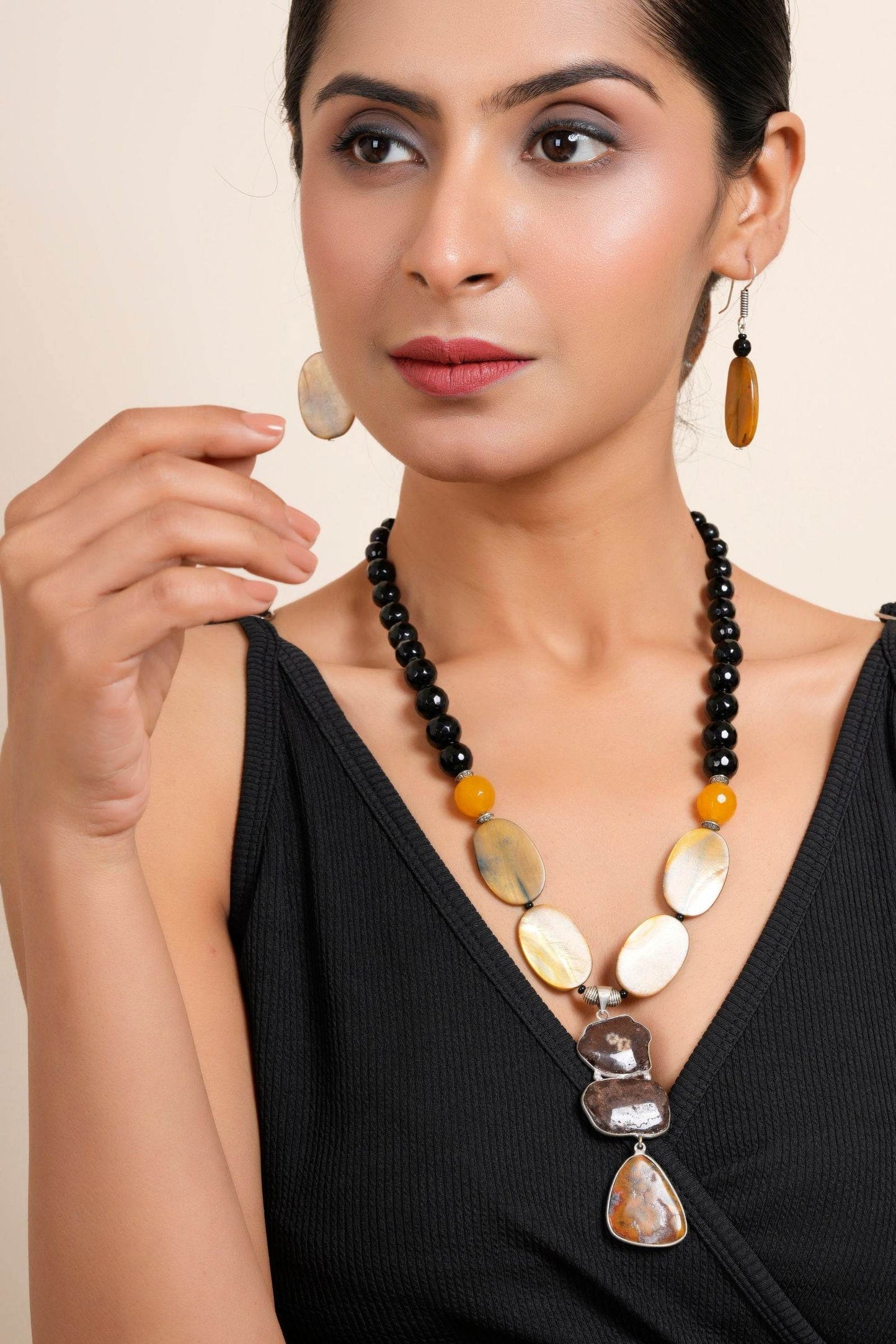 Handmade Semi Precious Brown Black Agate Stone Yellow MOP Necklace With Earrings Jewelry Set - Lookandadorn.com