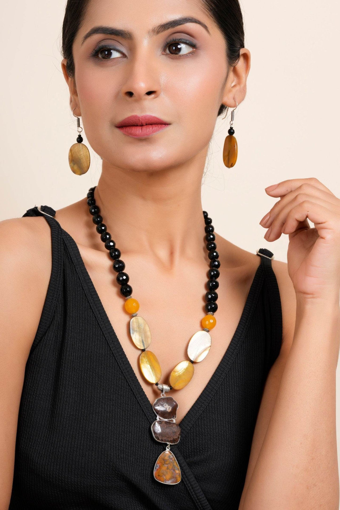 Handmade Semi Precious Brown Black Agate Stone Yellow MOP Necklace With Earrings Jewelry Set - Lookandadorn.com