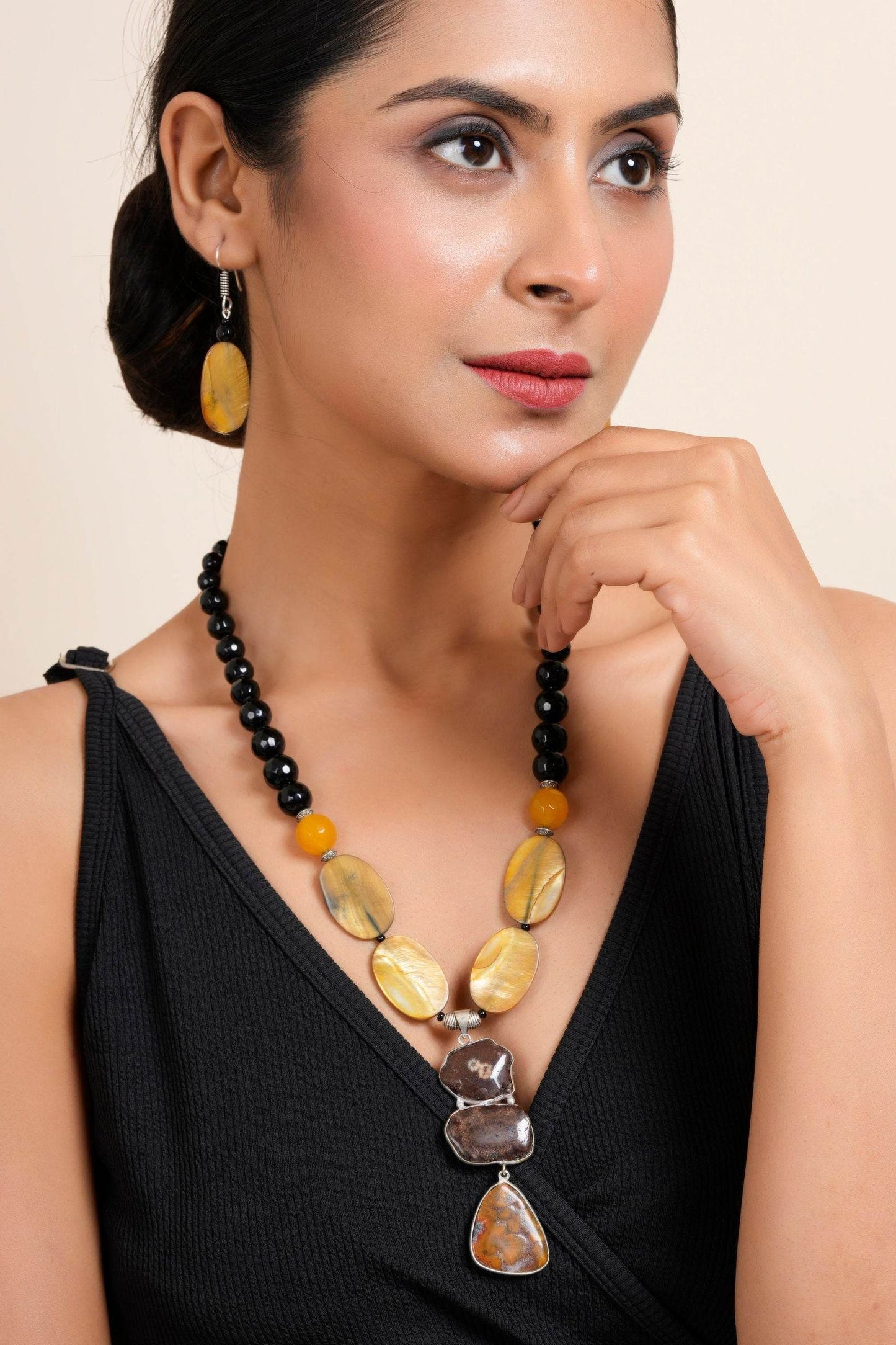 Handmade Semi Precious Brown Black Agate Stone Yellow MOP Necklace With Earrings Jewelry Set - Lookandadorn.com