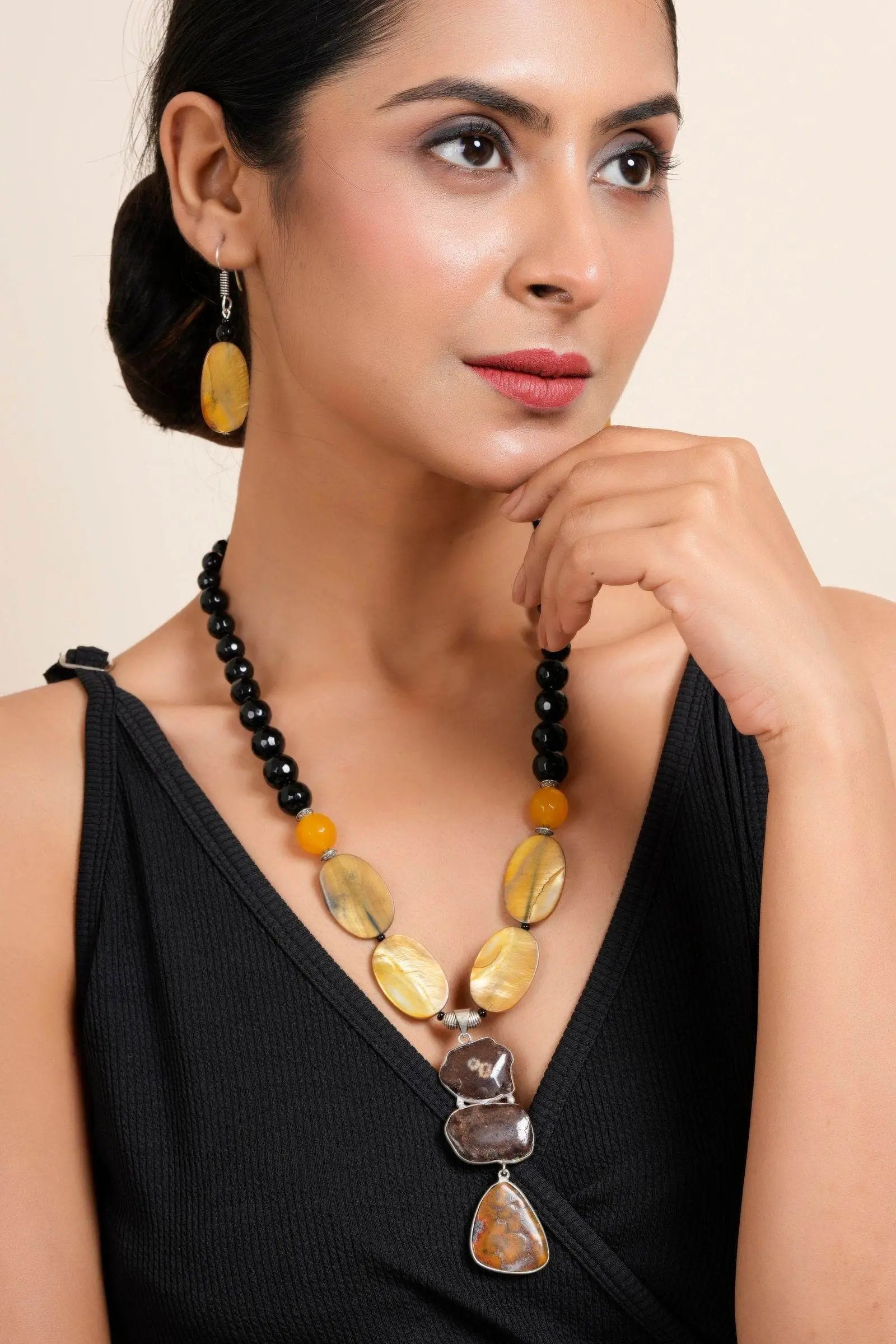 Handmade Semi Precious Brown Black Agate Stone Yellow MOP Necklace With Earrings Jewelry Set - Lookandadorn.com