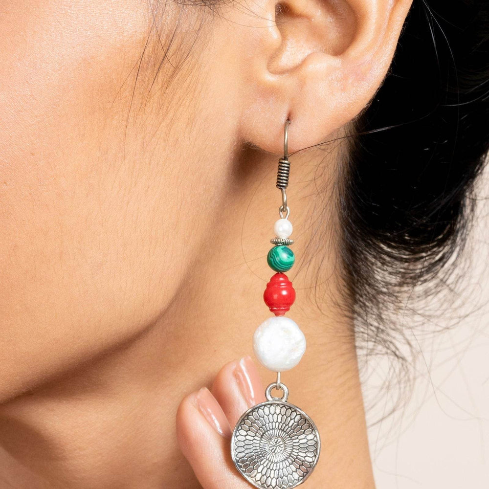 Handmade Earrings with Semi-Precious White Coin Pearl, Red Coral & Green Malachite - Lookandadorn.com