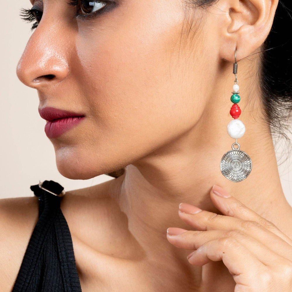 Handmade Earrings with Semi-Precious White Coin Pearl, Red Coral & Green Malachite - Lookandadorn.com