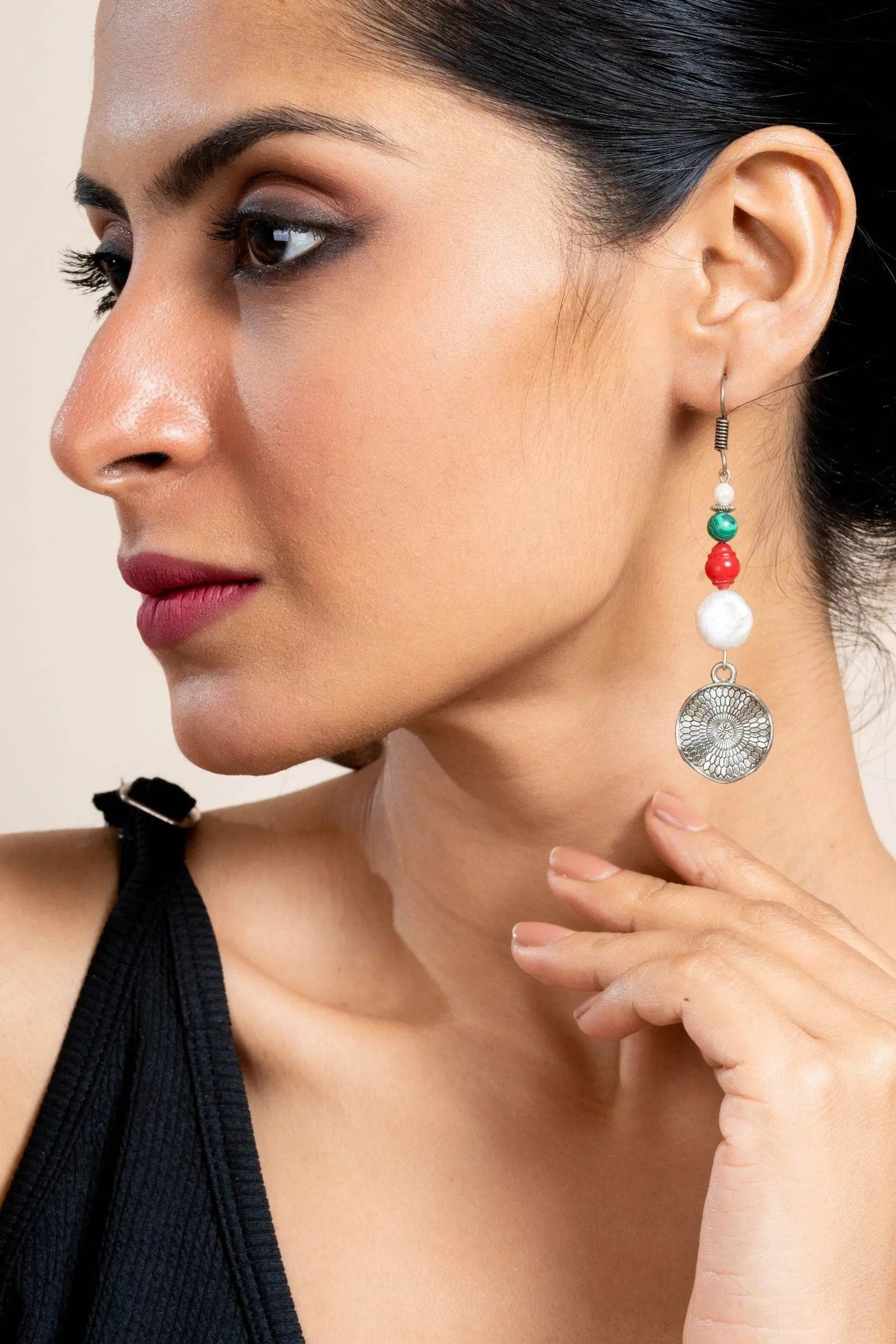 Handmade Earrings with Semi-Precious White Coin Pearl, Red Coral & Green Malachite - Lookandadorn.com