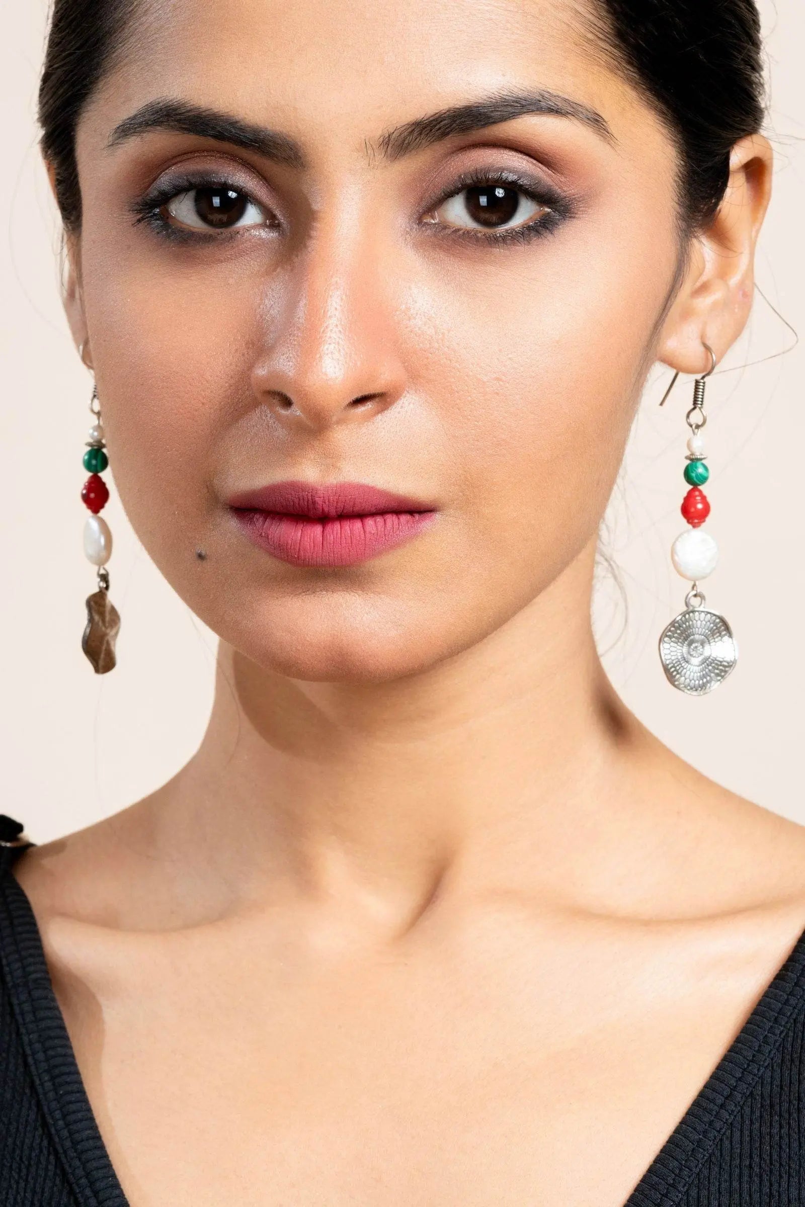 Handmade Earrings with Semi-Precious White Coin Pearl, Red Coral & Green Malachite - Lookandadorn.com