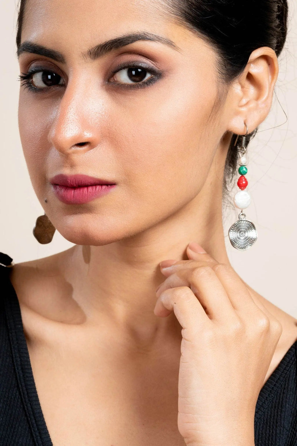 Handmade Earrings with Semi-Precious White Coin Pearl, Red Coral & Green Malachite - Lookandadorn.com