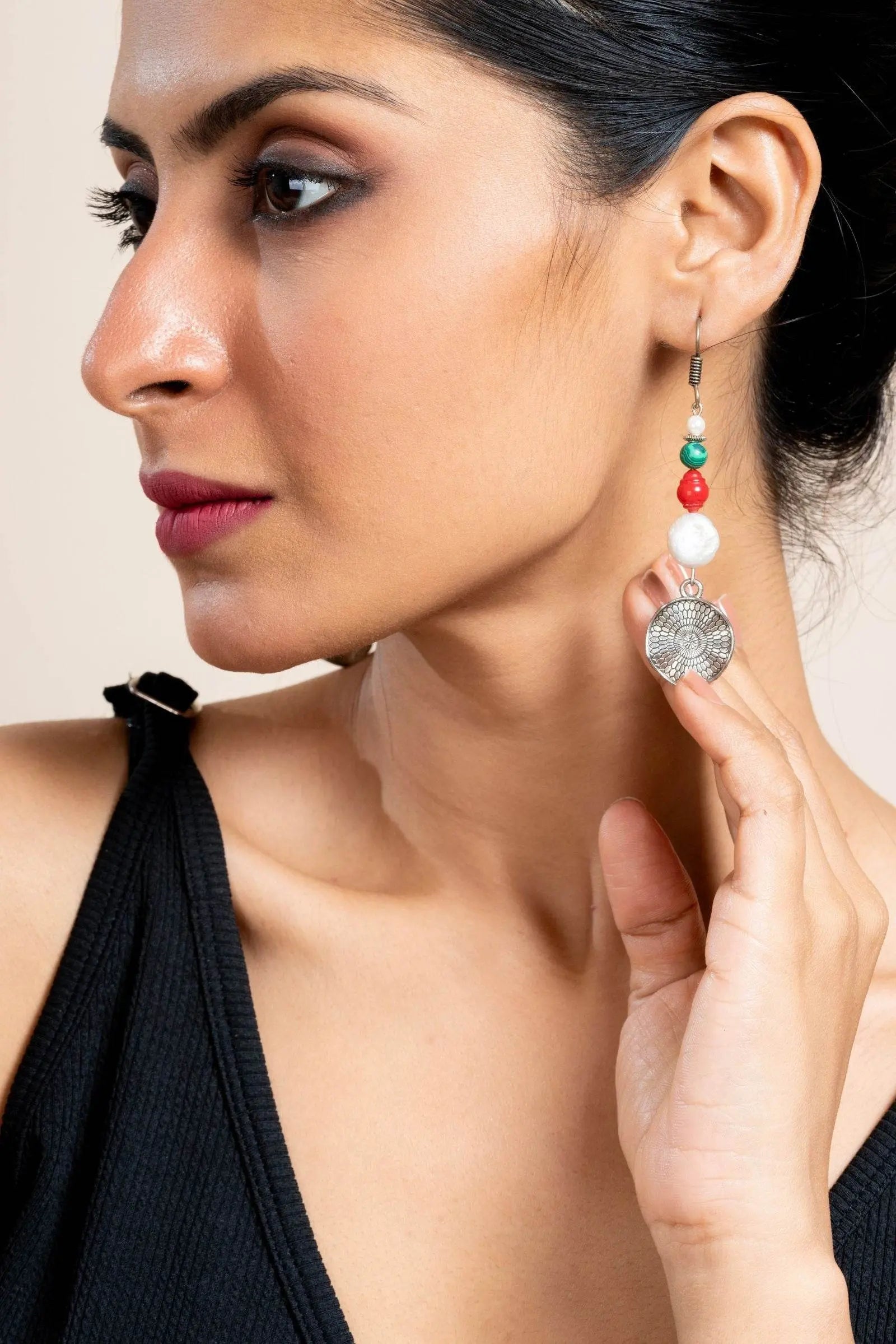 Handmade Earrings with Semi-Precious White Coin Pearl, Red Coral & Green Malachite - Lookandadorn.com