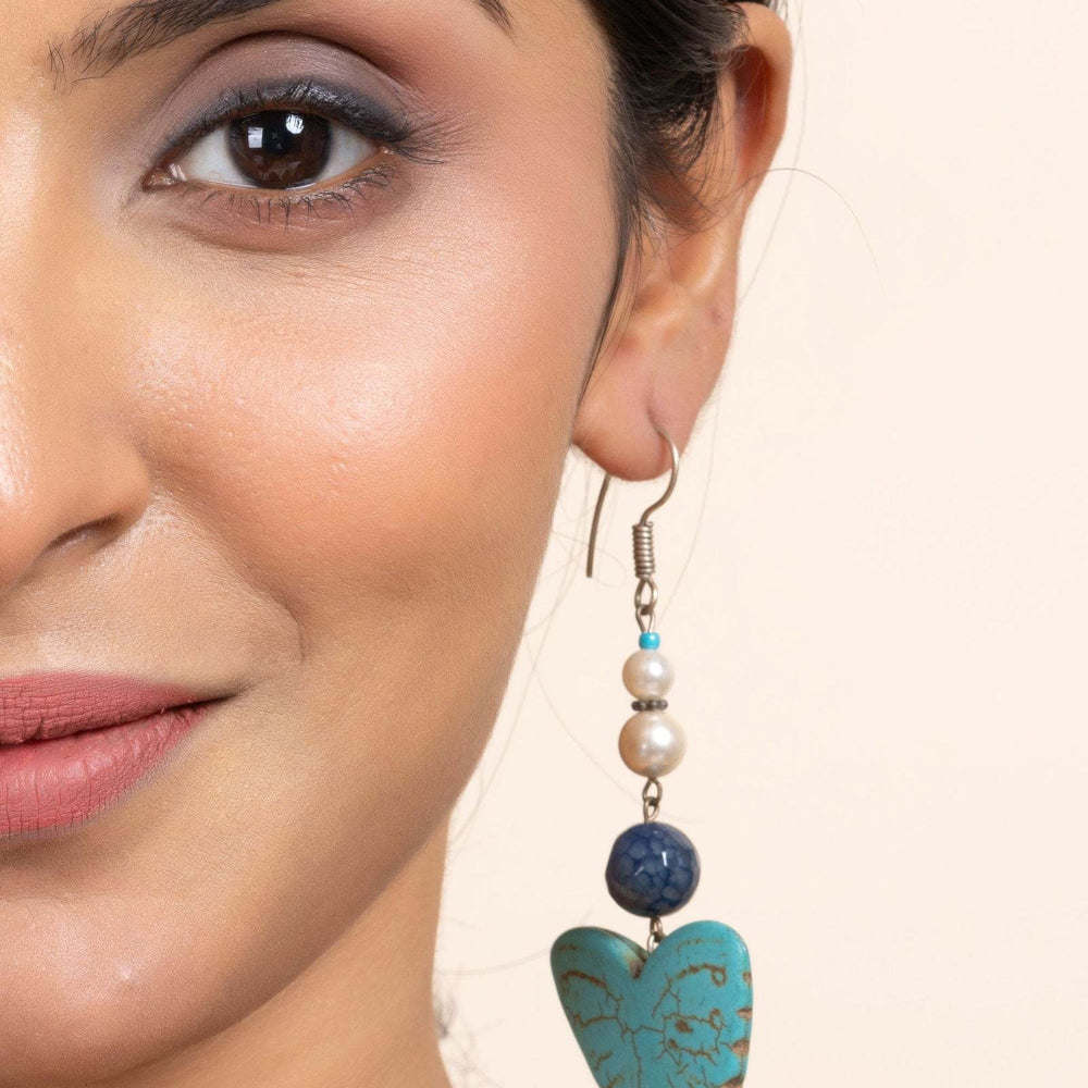 Handmade Semi Precious Blue Turquoise, Onyx & Pearl Butterfly Earrings for Women, Elegant Style - Lookandadorn.com