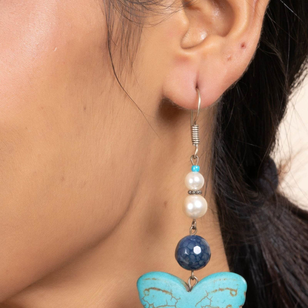 Handmade Semi Precious Blue Turquoise, Onyx & Pearl Butterfly Earrings for Women, Elegant Style - Lookandadorn.com