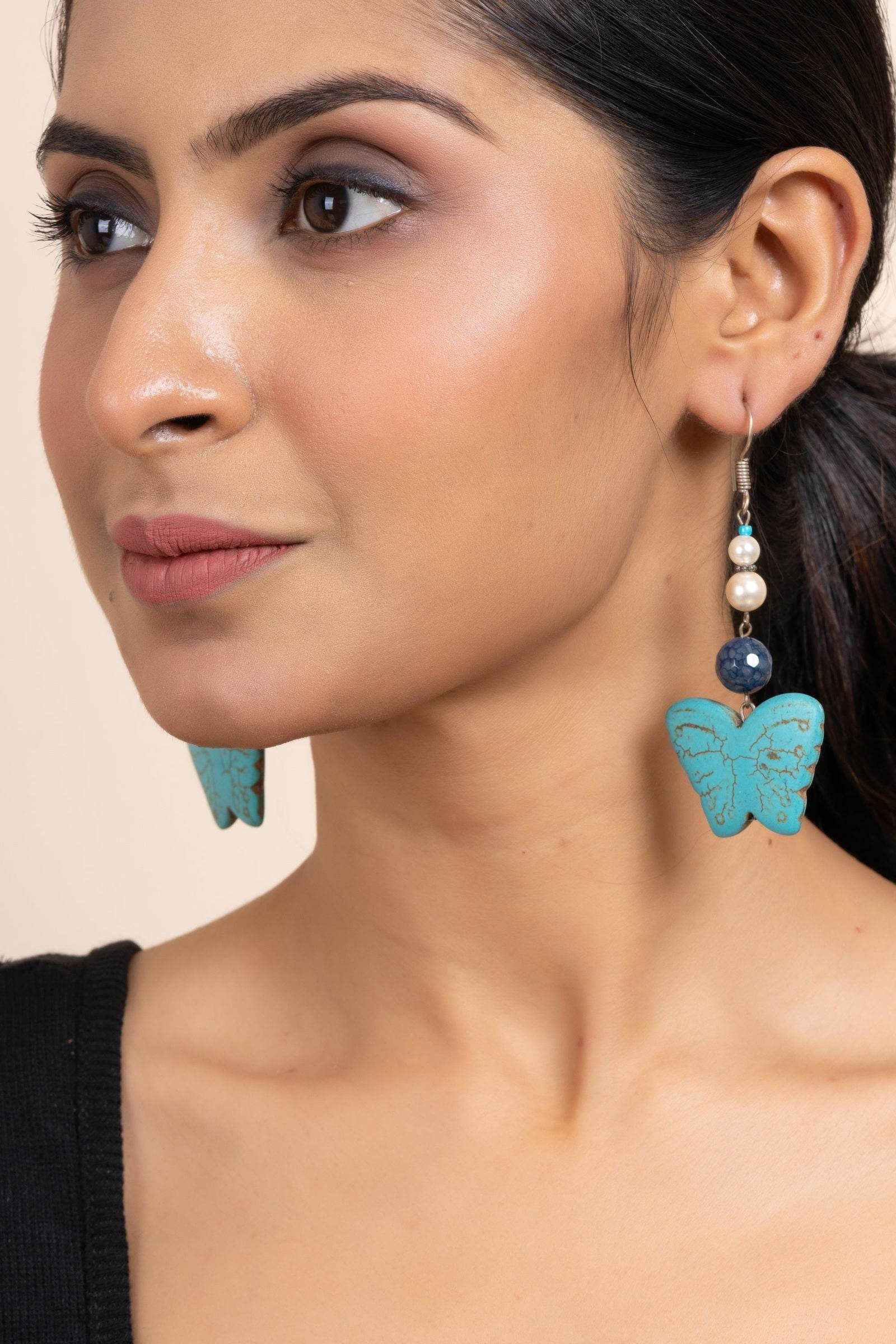 Handmade Semi Precious Blue Turquoise, Onyx & Pearl Butterfly Earrings for Women, Elegant Style - Lookandadorn.com