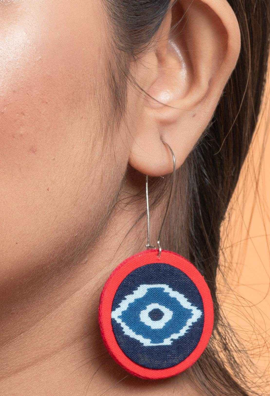 Handmade Lightweight Red Blue Evil Eye Fabric Dangler Earrings - Non-Allergic & Stylish - Lookandadorn.com