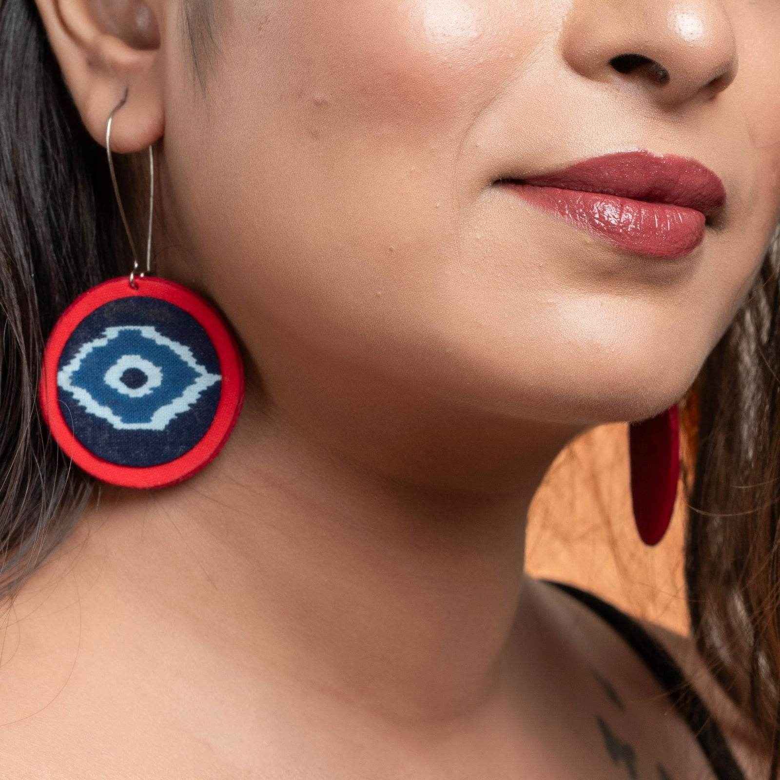 Handmade Lightweight Red Blue Evil Eye Fabric Dangler Earrings - Non-Allergic & Stylish - Lookandadorn.com