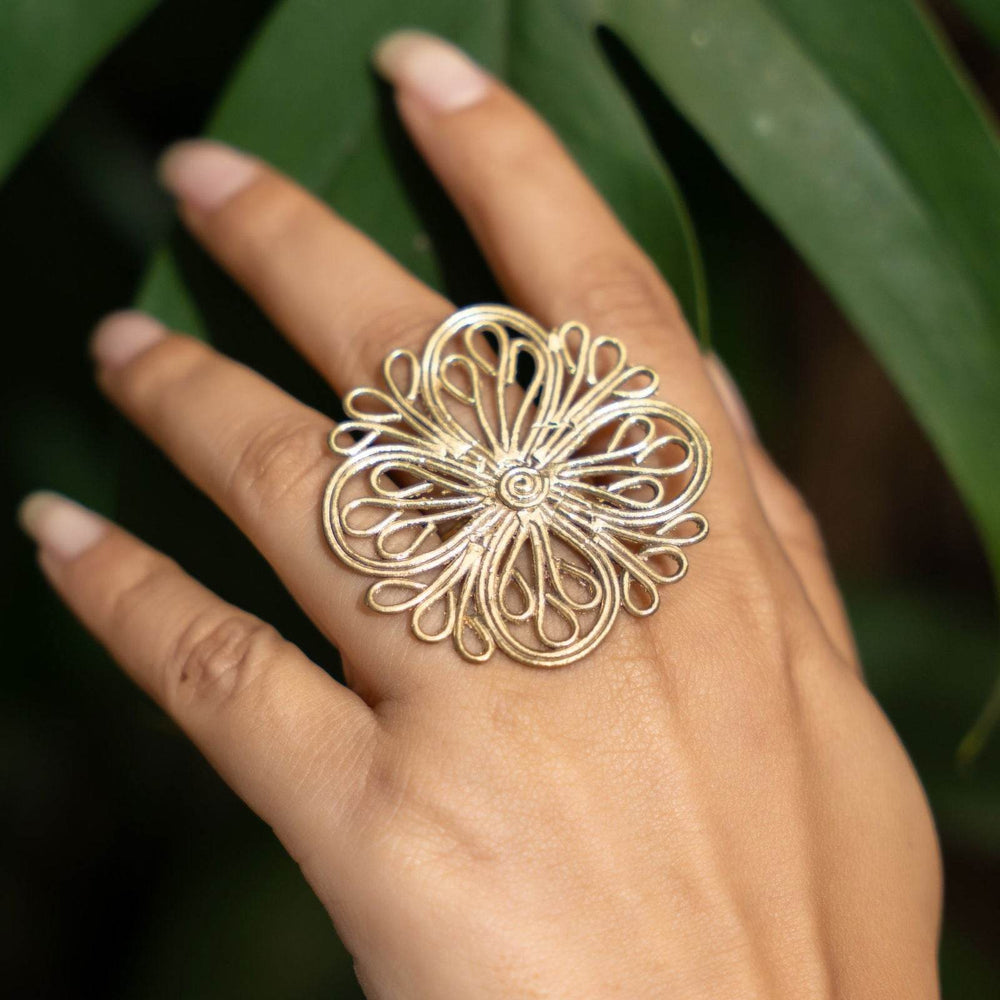 Handmade Floral Motif Dokra Brass Adjustable Finger Ring - Unique Intricate Artisanal Jewelry - Lookandadorn.com