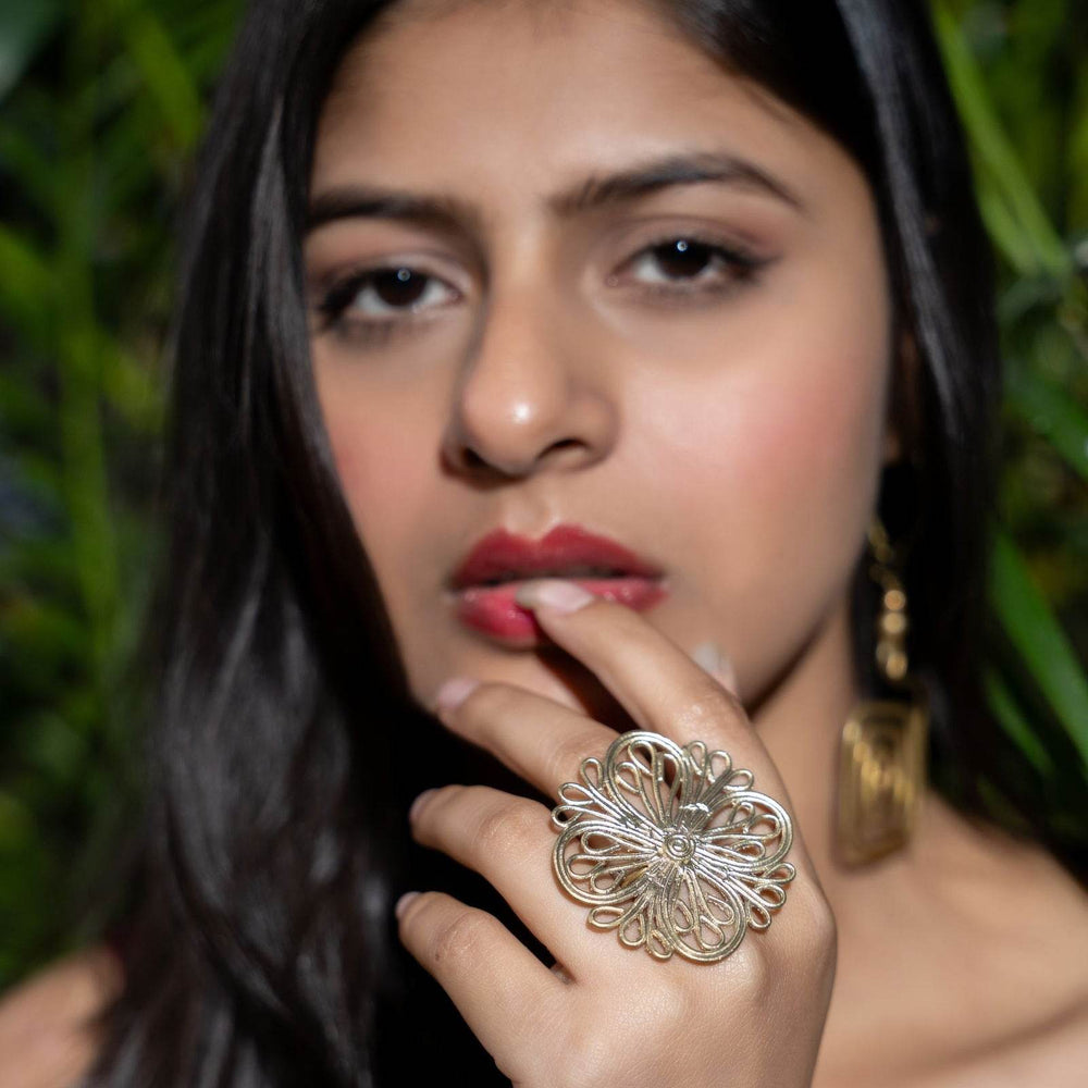 Handmade Floral Motif Dokra Brass Adjustable Finger Ring - Unique Intricate Artisanal Jewelry - Lookandadorn.com