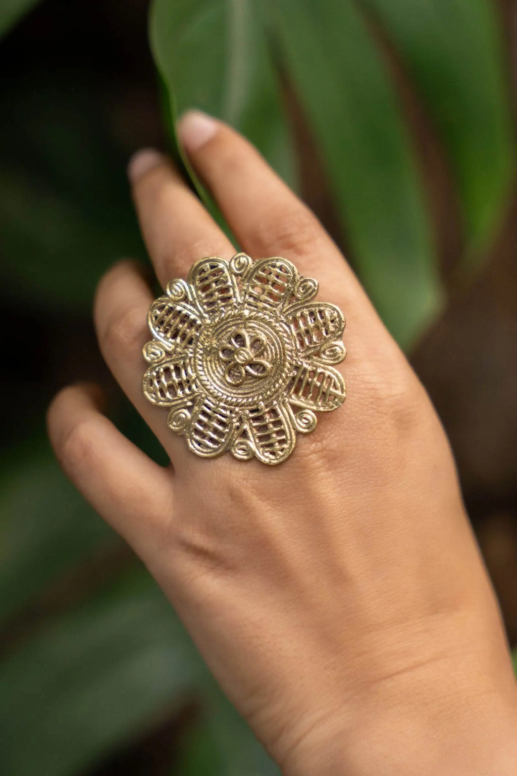 Handmade Adjustable Floral Dokra Brass Finger Ring with Intricate Design and Timeless Elegance - Lookandadorn.com