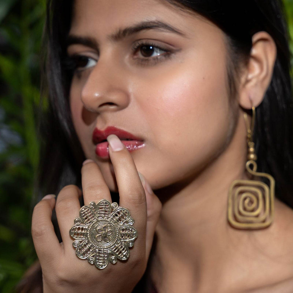 Handmade Adjustable Floral Dokra Brass Finger Ring with Intricate Design and Timeless Elegance - Lookandadorn.com
